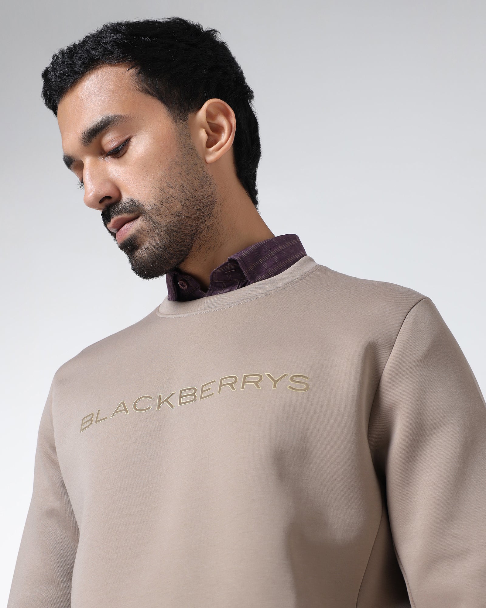 Beige Crew Neck Solid Sweatshirt - Rio