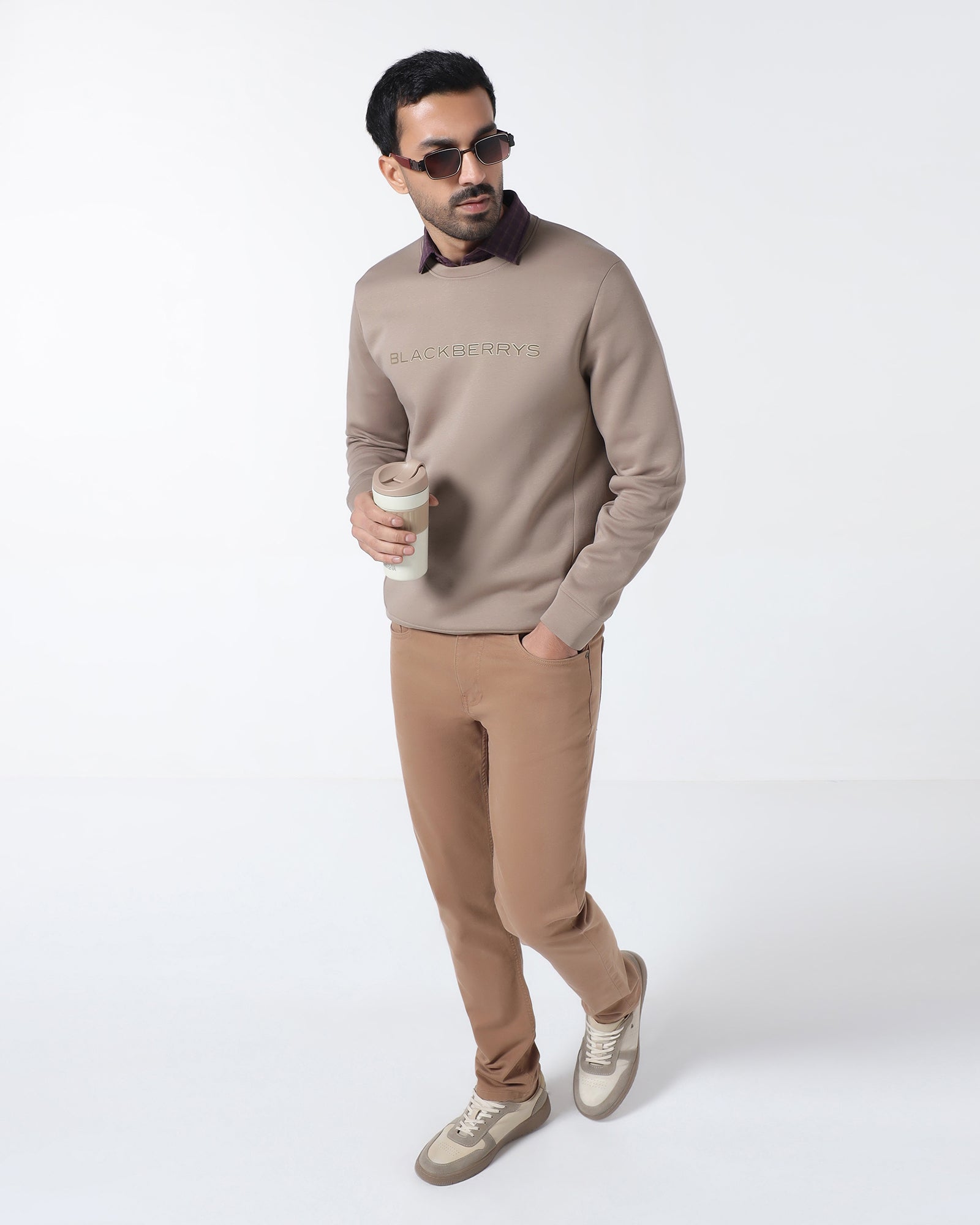 Beige Crew Neck Solid Sweatshirt - Rio