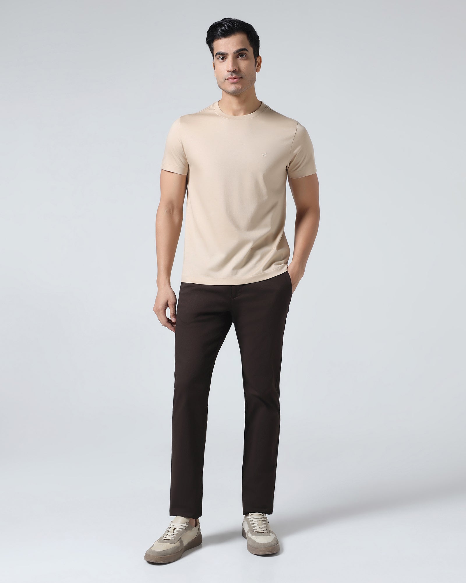 Beige Crew Neck Solid T-Shirt - Peralta