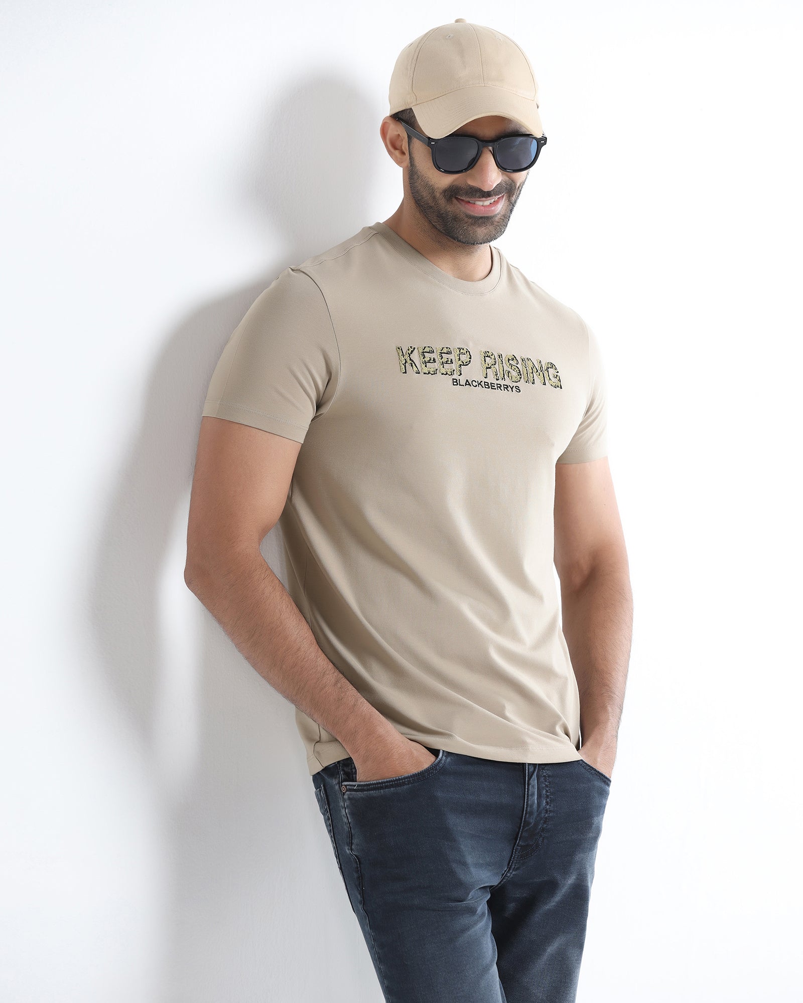 Beige Crew Neck Solid T-Shirt - Rising