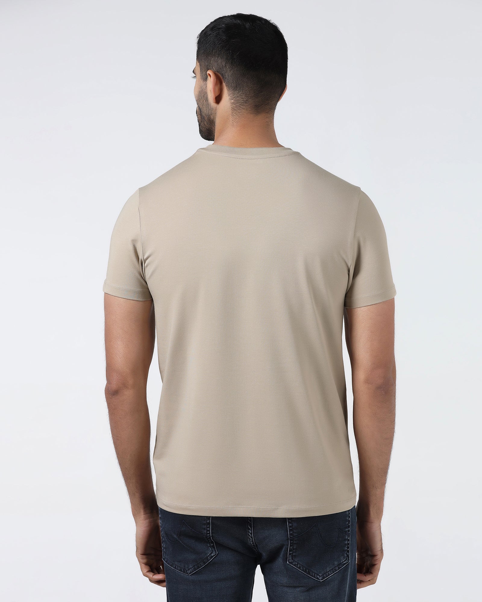 Beige Crew Neck Solid T-Shirt - Rising