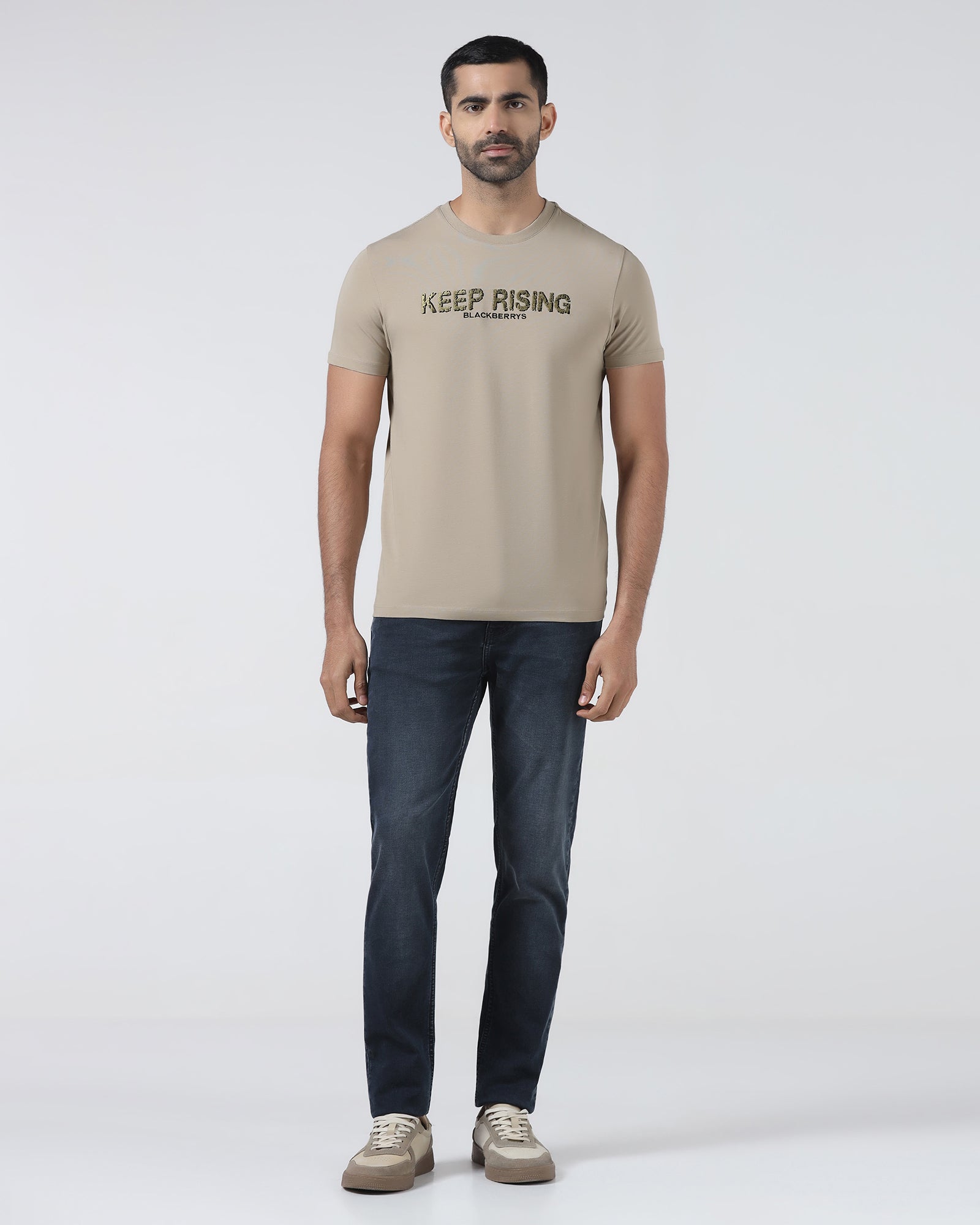 Beige Crew Neck Solid T-Shirt - Rising
