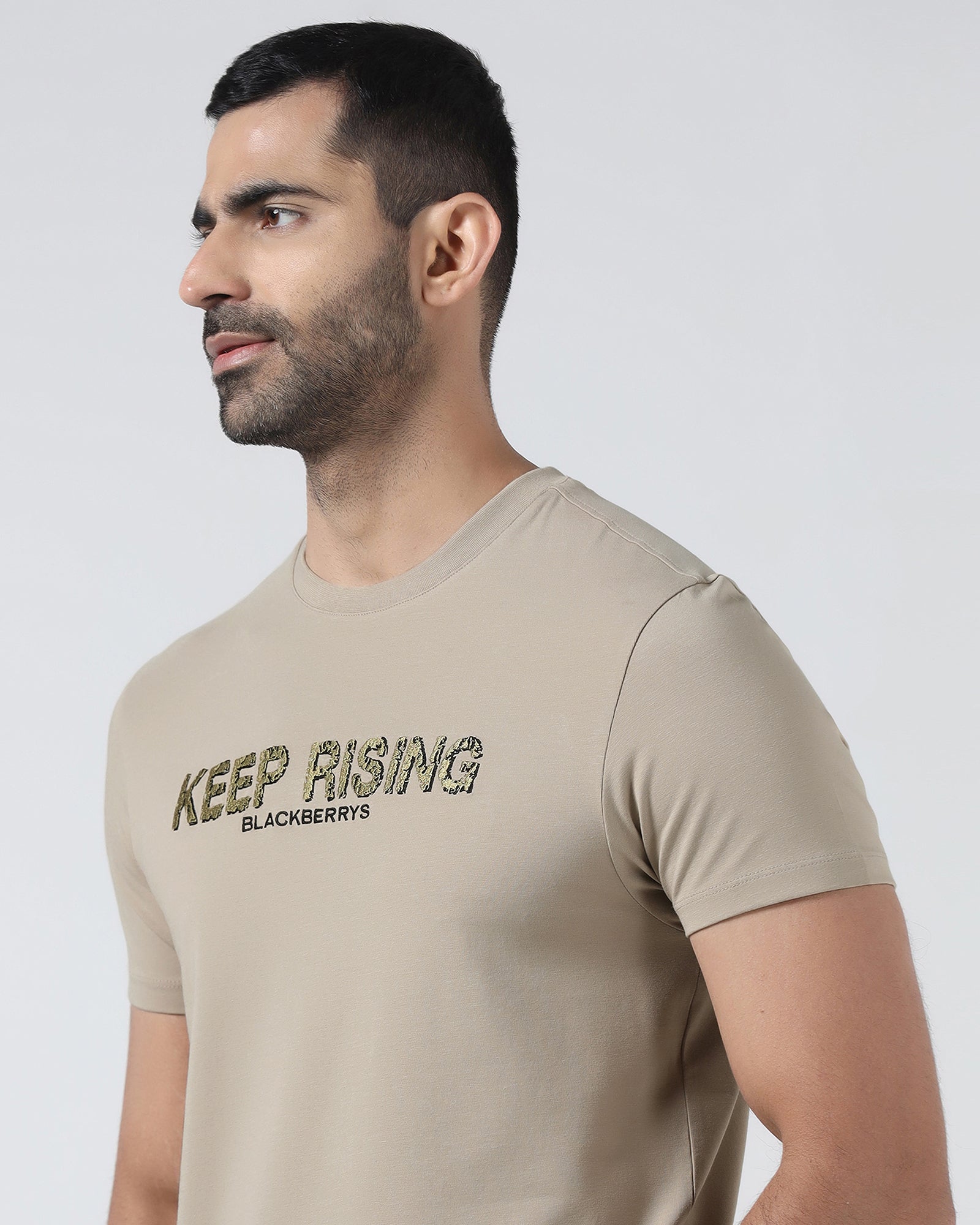 Beige Crew Neck Solid T-Shirt - Rising