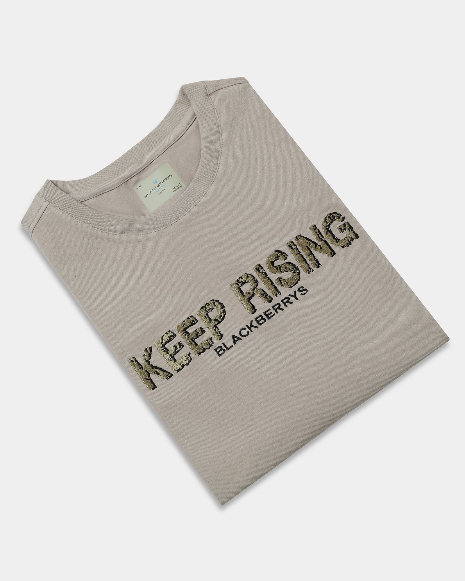Beige Crew Neck Solid T-Shirt - Rising