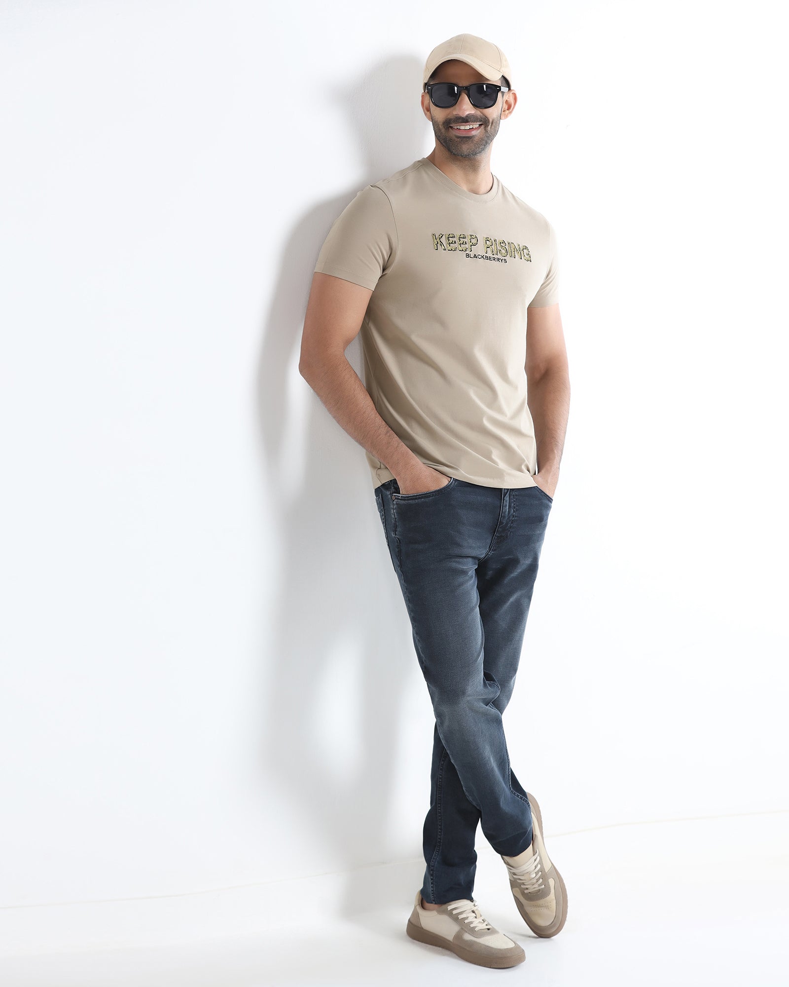 Beige Crew Neck Solid T-Shirt - Rising