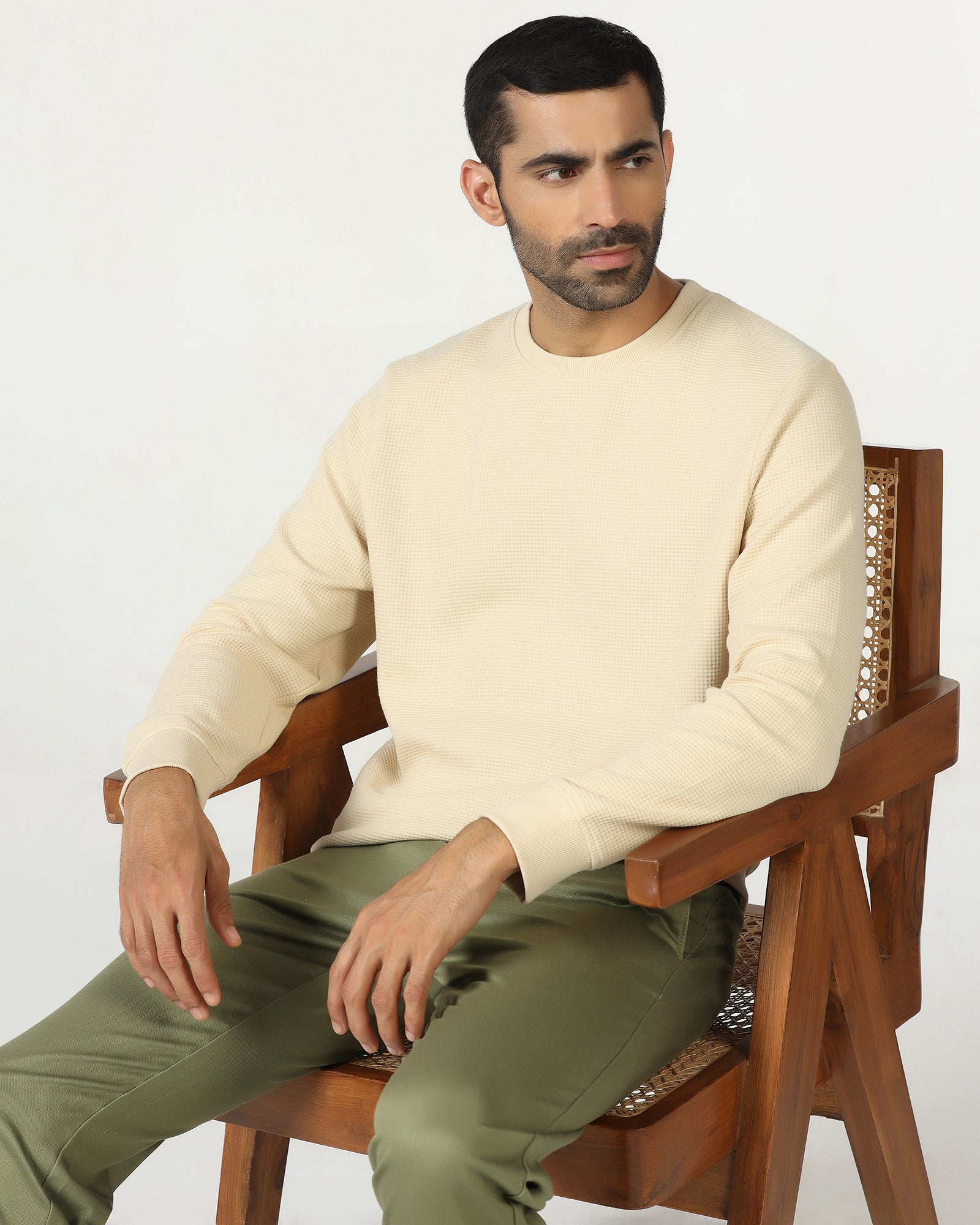 Beige Crew Neck Textured Sweatshirt - Pan
