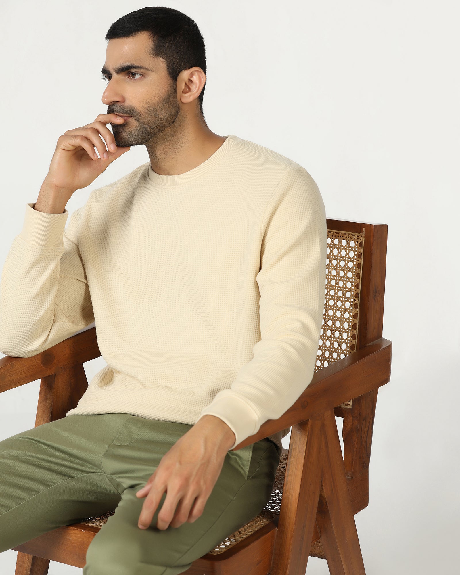 Beige Crew Neck Textured Sweatshirt - Pan