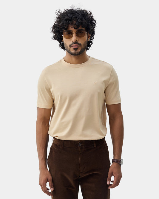Beige Crew Neck Textured T-Shirt - Yamazaki