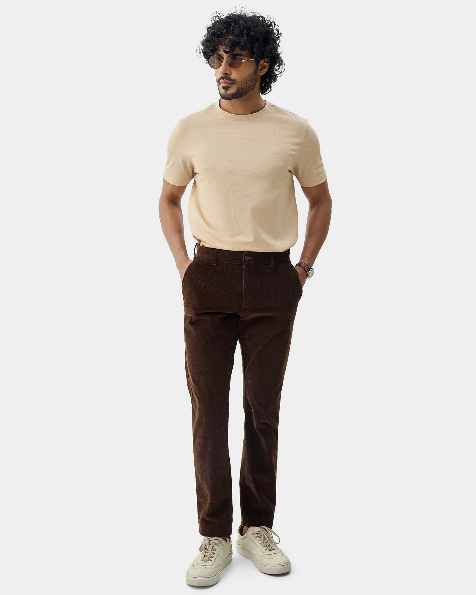 Beige Crew Neck Textured T-Shirt - Yamazaki