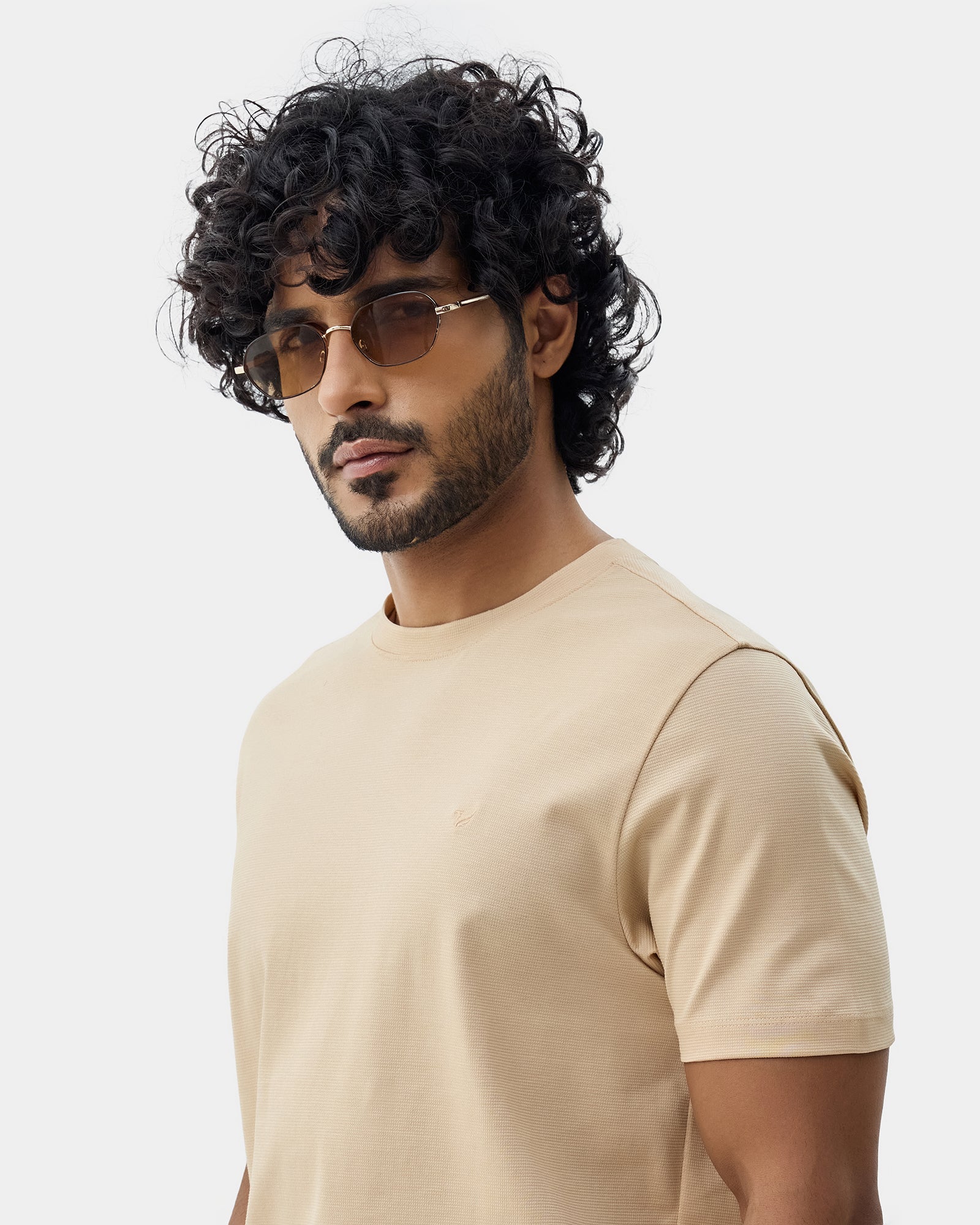 Beige Crew Neck Textured T-Shirt - Yamazaki