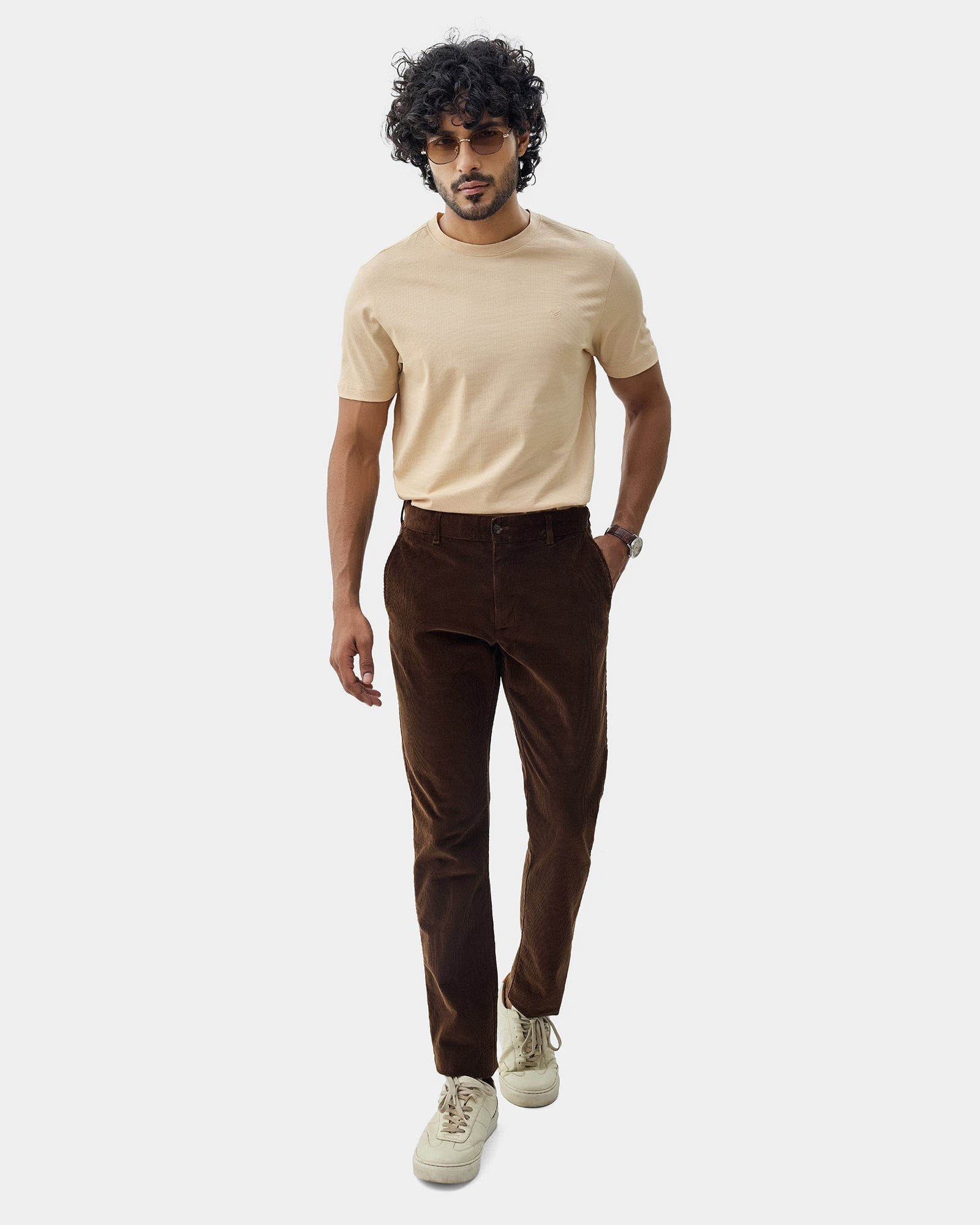 Beige Crew Neck Textured T-Shirt - Yamazaki