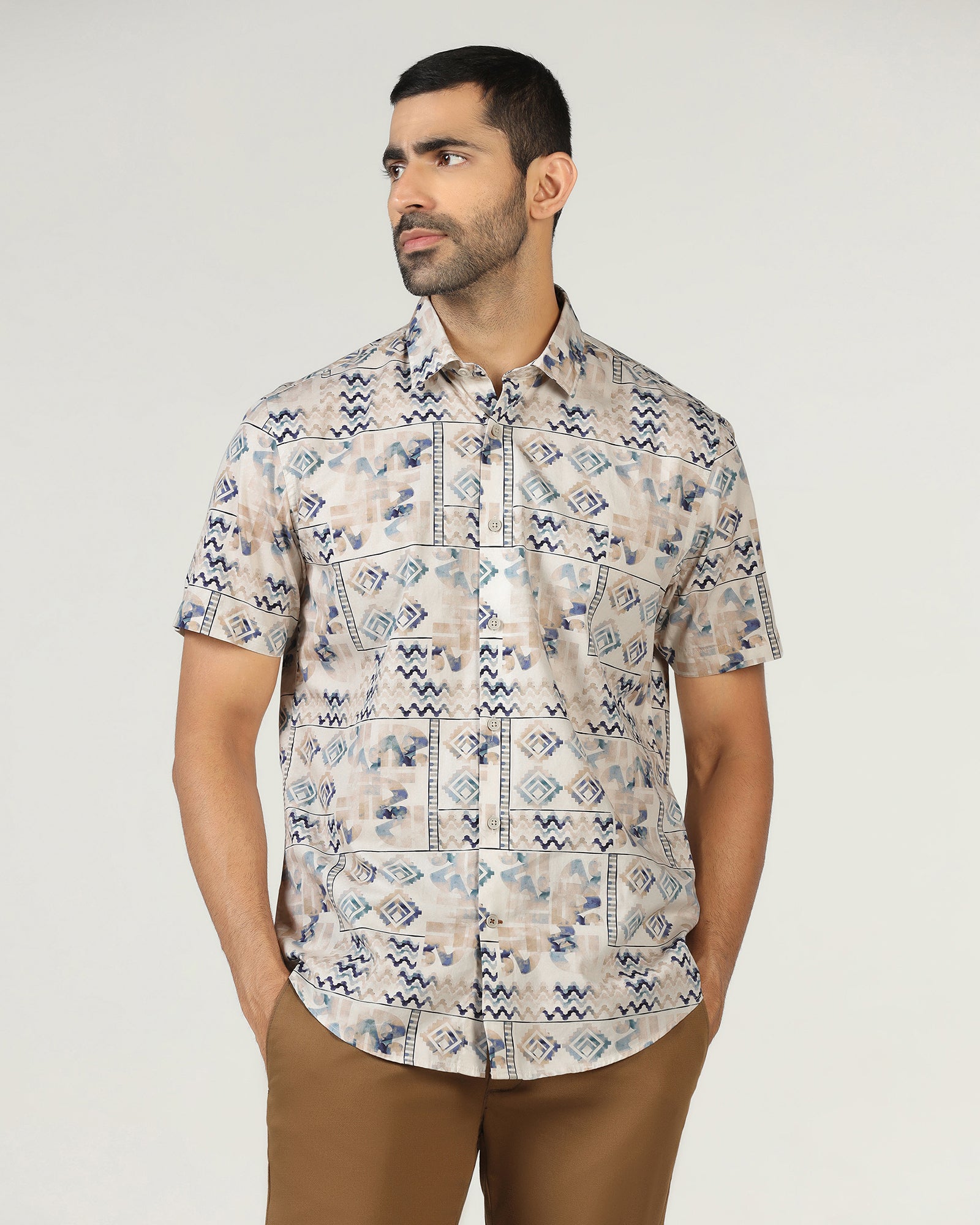Beige Half Sleeve Printed Shirt - Ryne