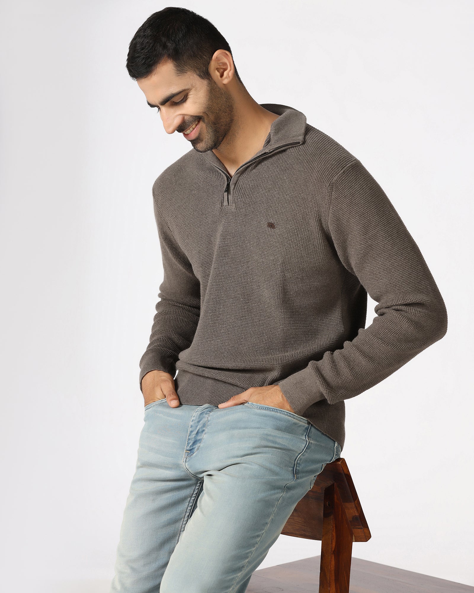 Beige High Neck Jacquard Sweatshirt - Price