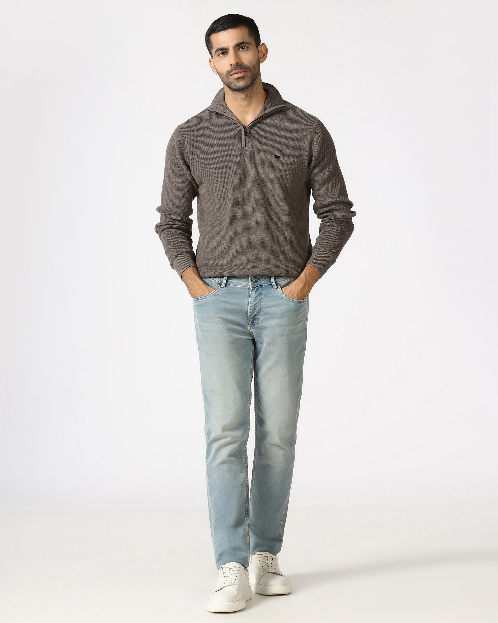 Beige High Neck Jacquard Sweatshirt - Price
