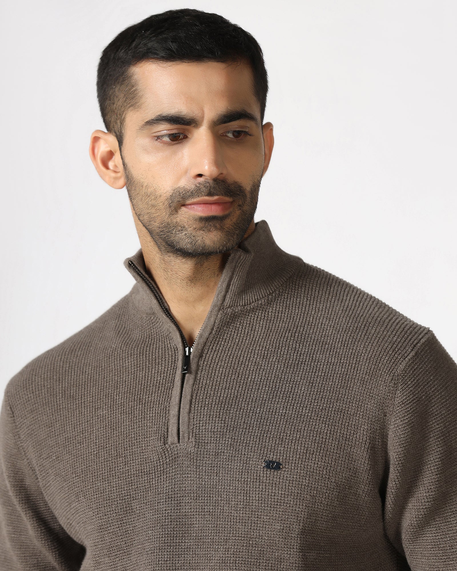 Beige High Neck Jacquard Sweatshirt - Price