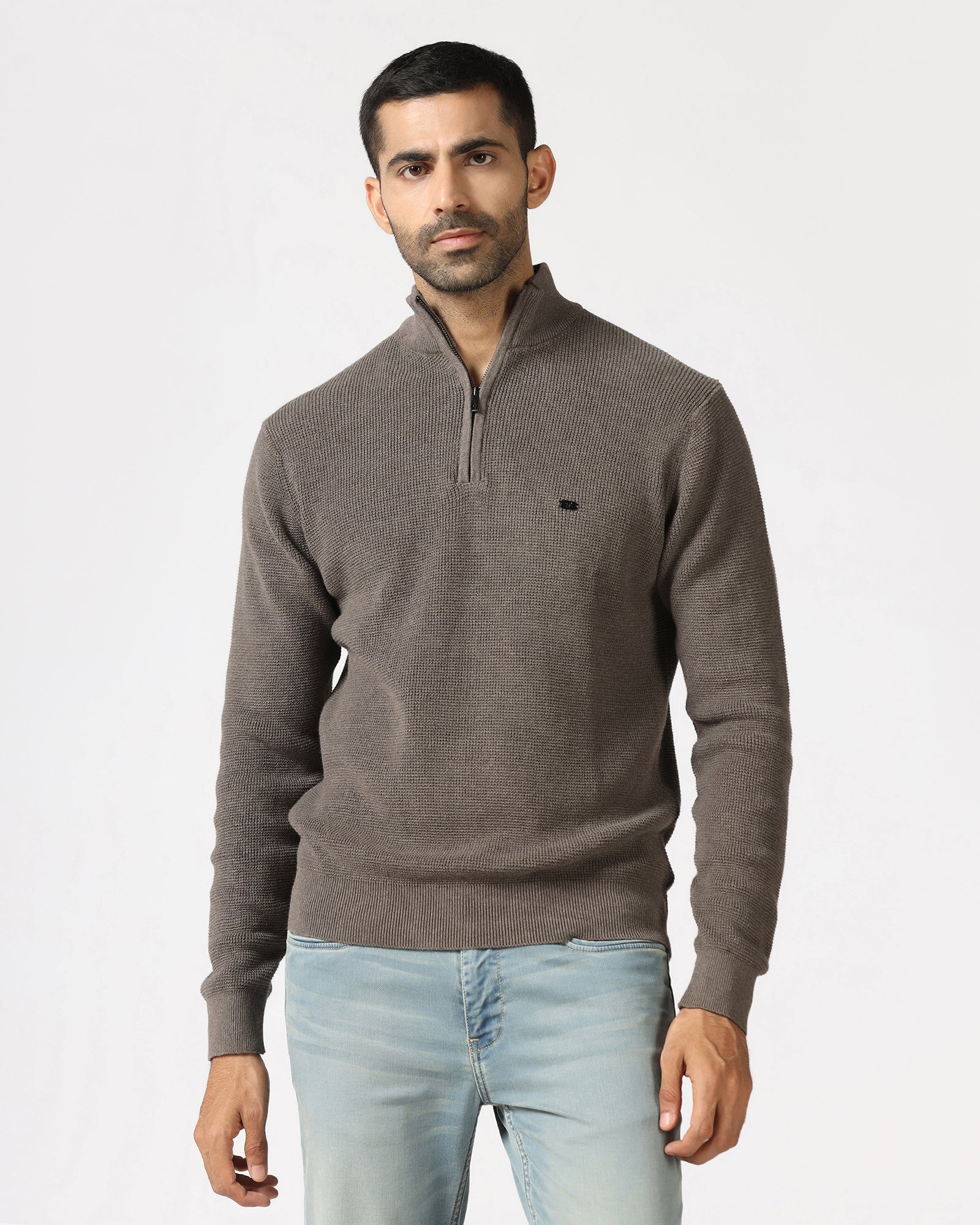 Beige High Neck Jacquard Sweatshirt - Price