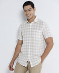 Beige Half Sleeve Linen Check Shirt - Yudi