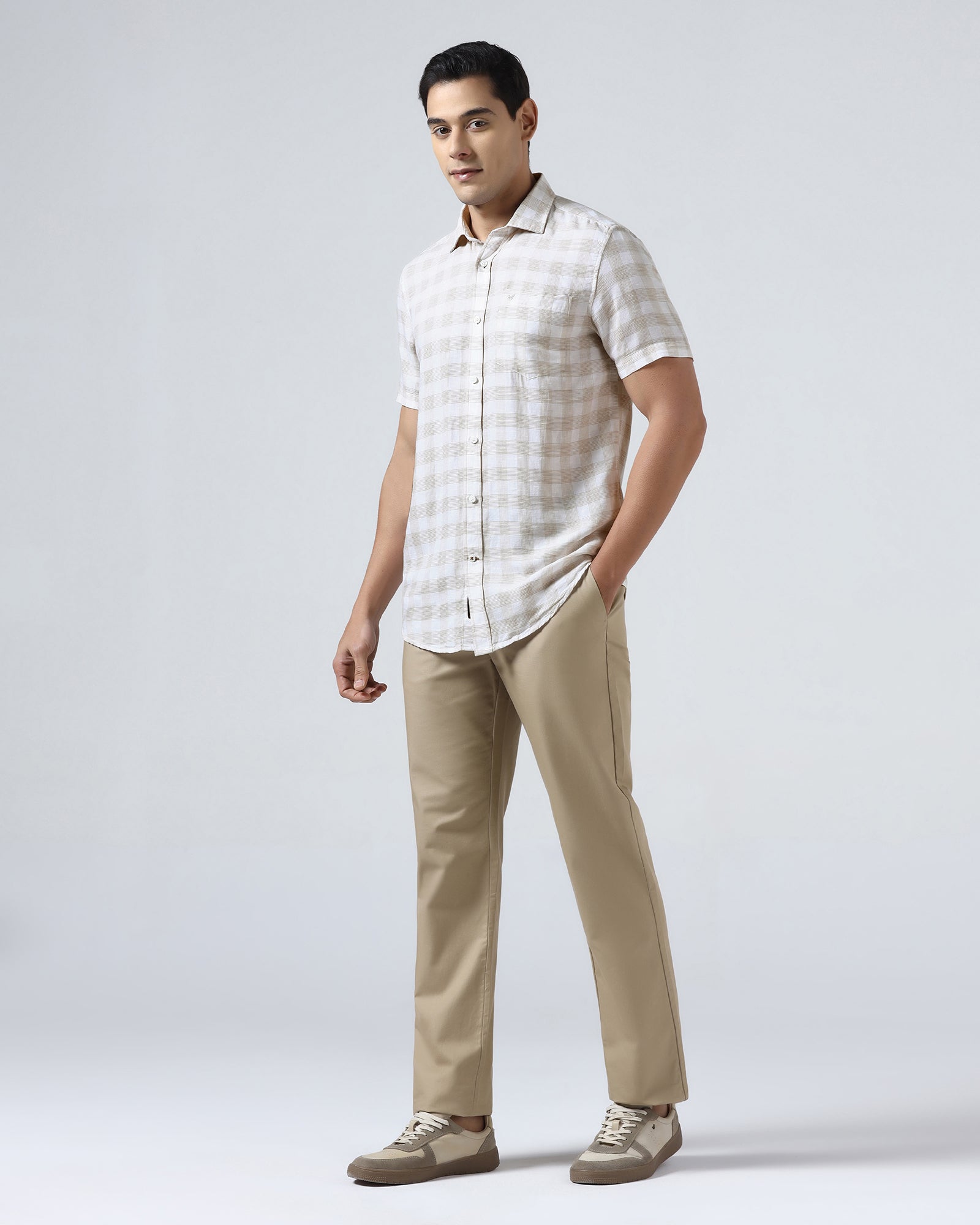 Beige Half Sleeve Linen Check Shirt - Yudi