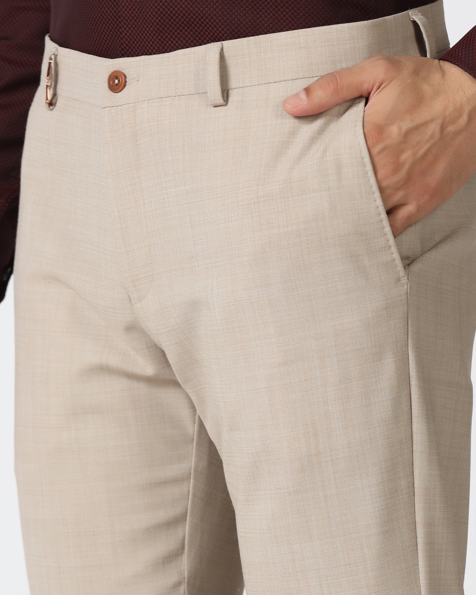 Beige Luxe Check Trouser - Portwine