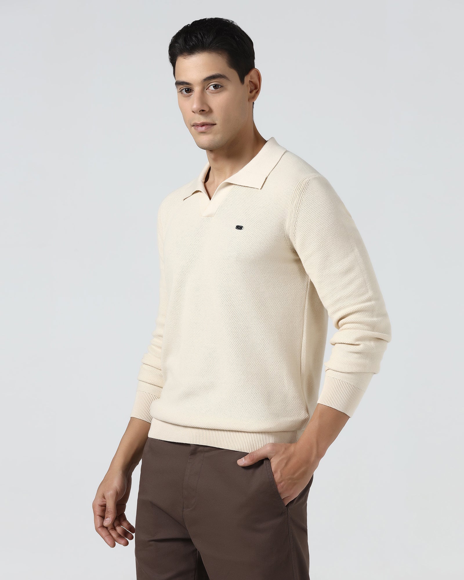 Beige Polo Neck Jacquard Sweater - Draco