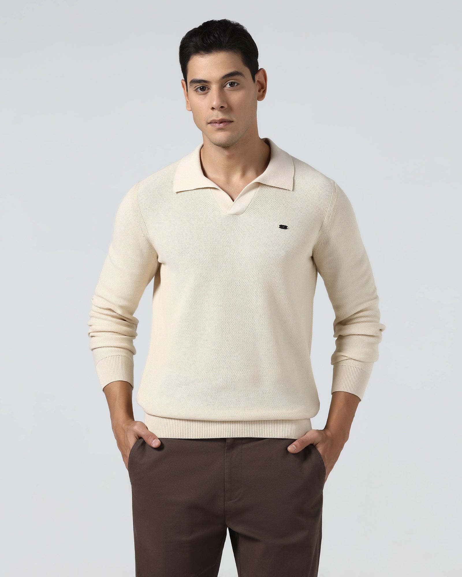 Beige Polo Neck Jacquard Sweater - Draco
