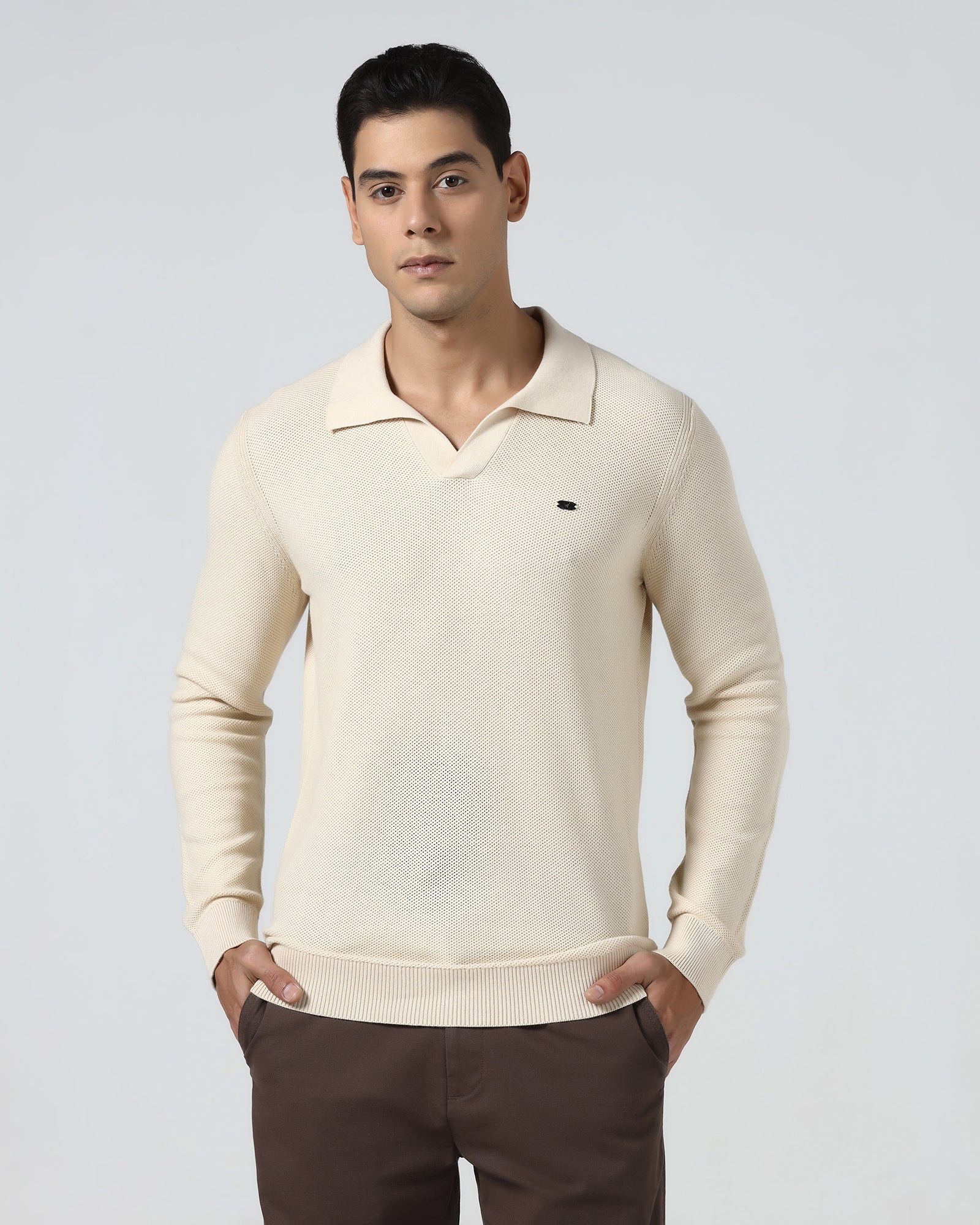 Beige Polo Neck Jacquard Sweater - Draco