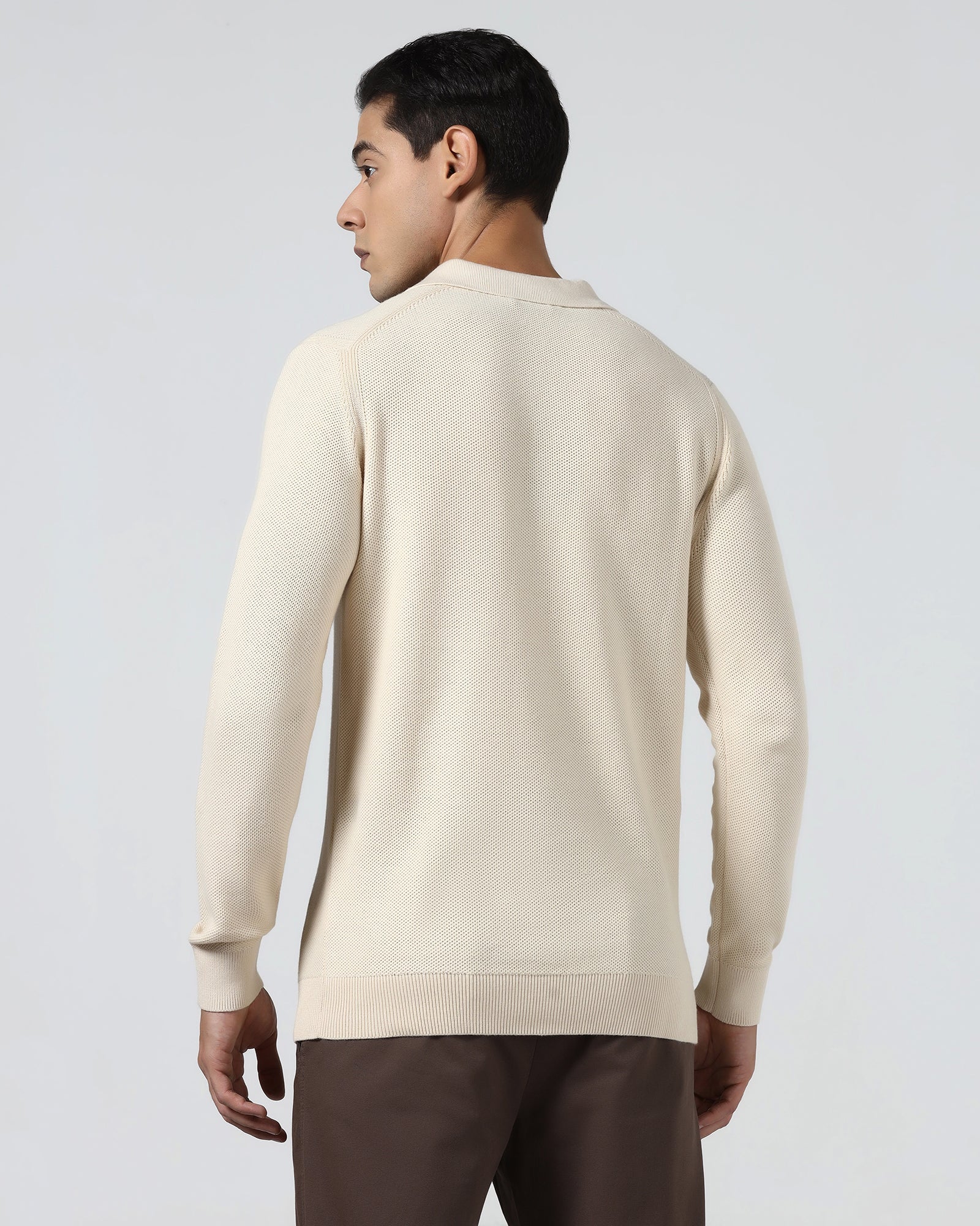 Beige Polo Neck Jacquard Sweater - Draco