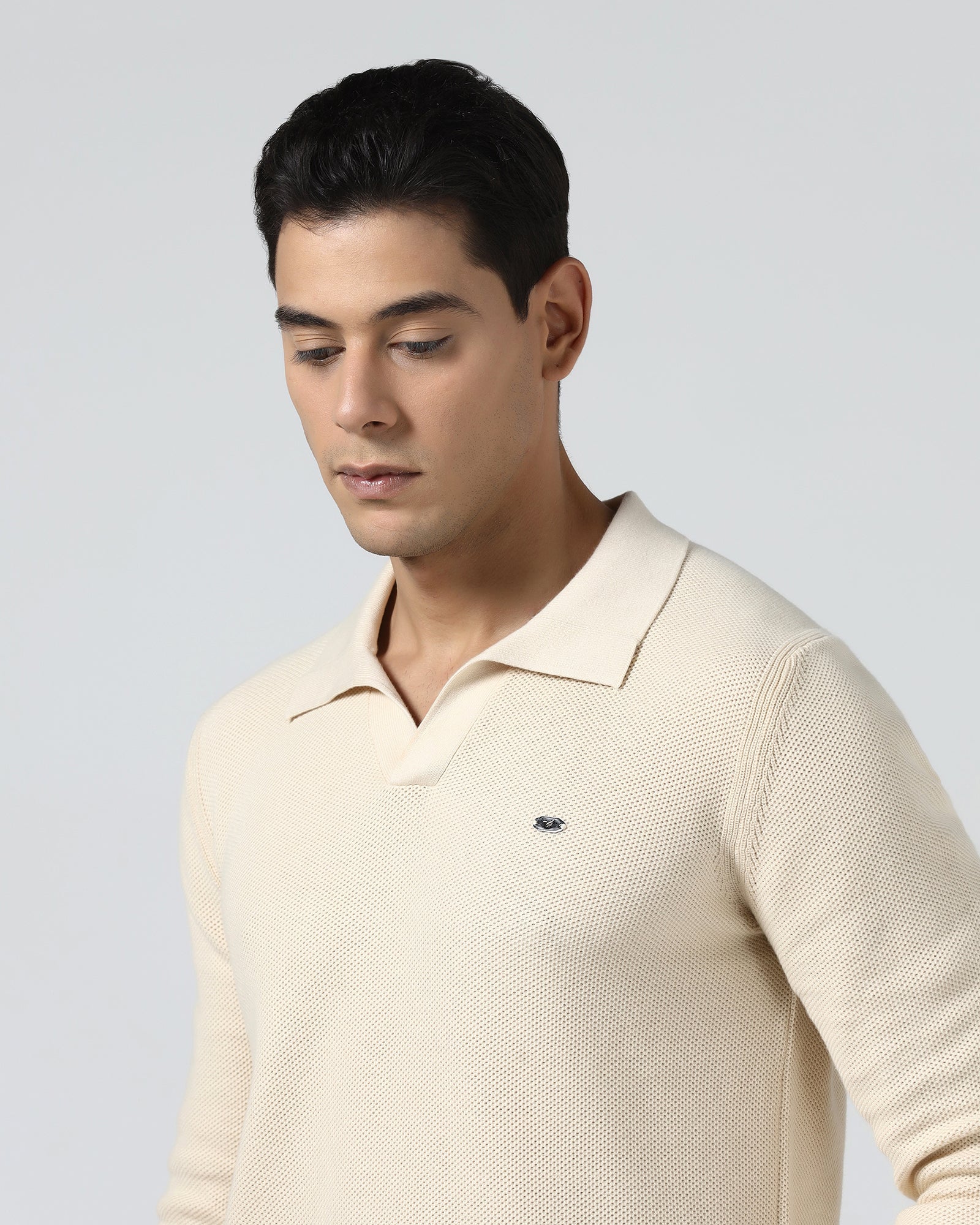 Beige Polo Neck Jacquard Sweater - Draco