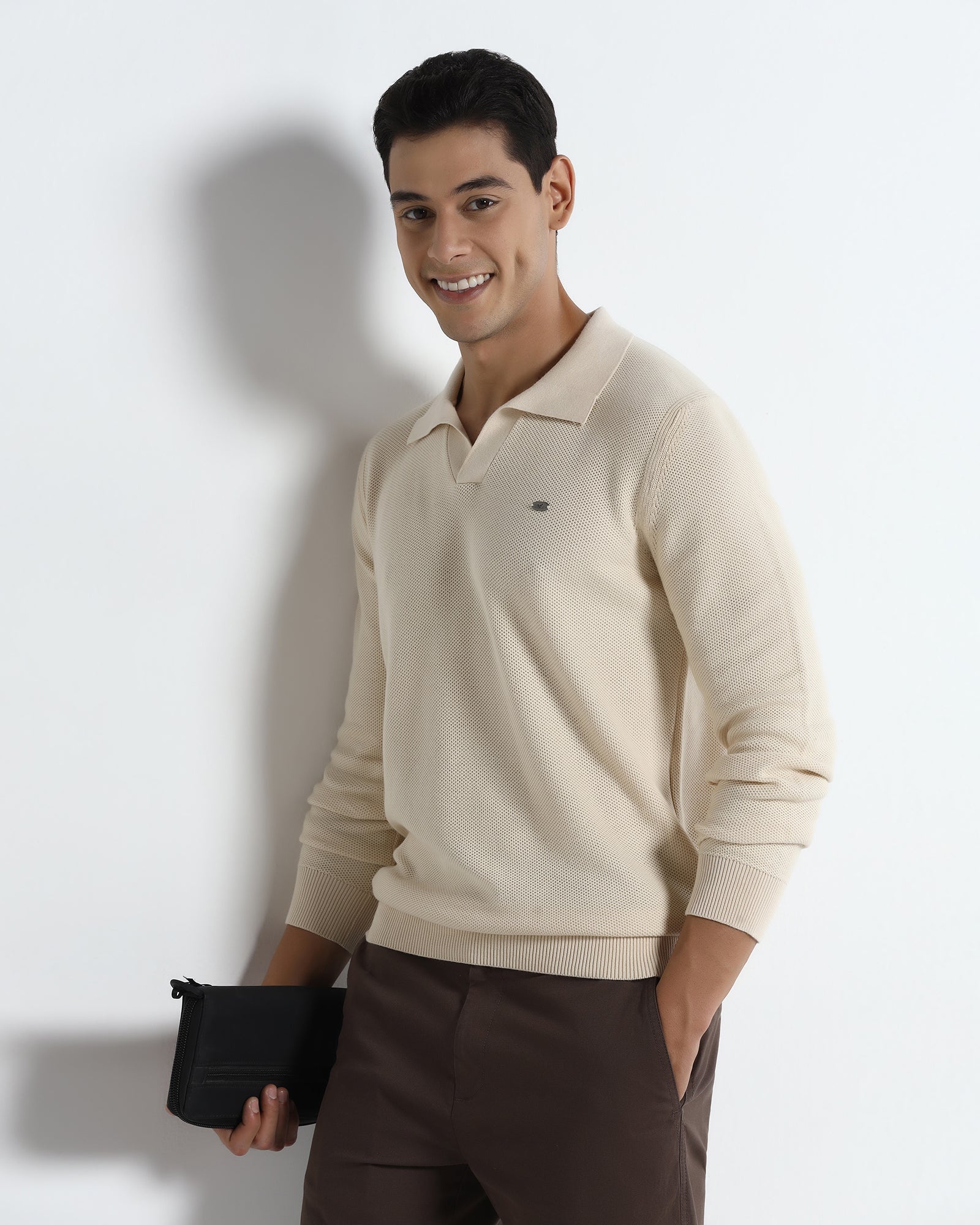 Beige Polo Neck Jacquard Sweater - Draco