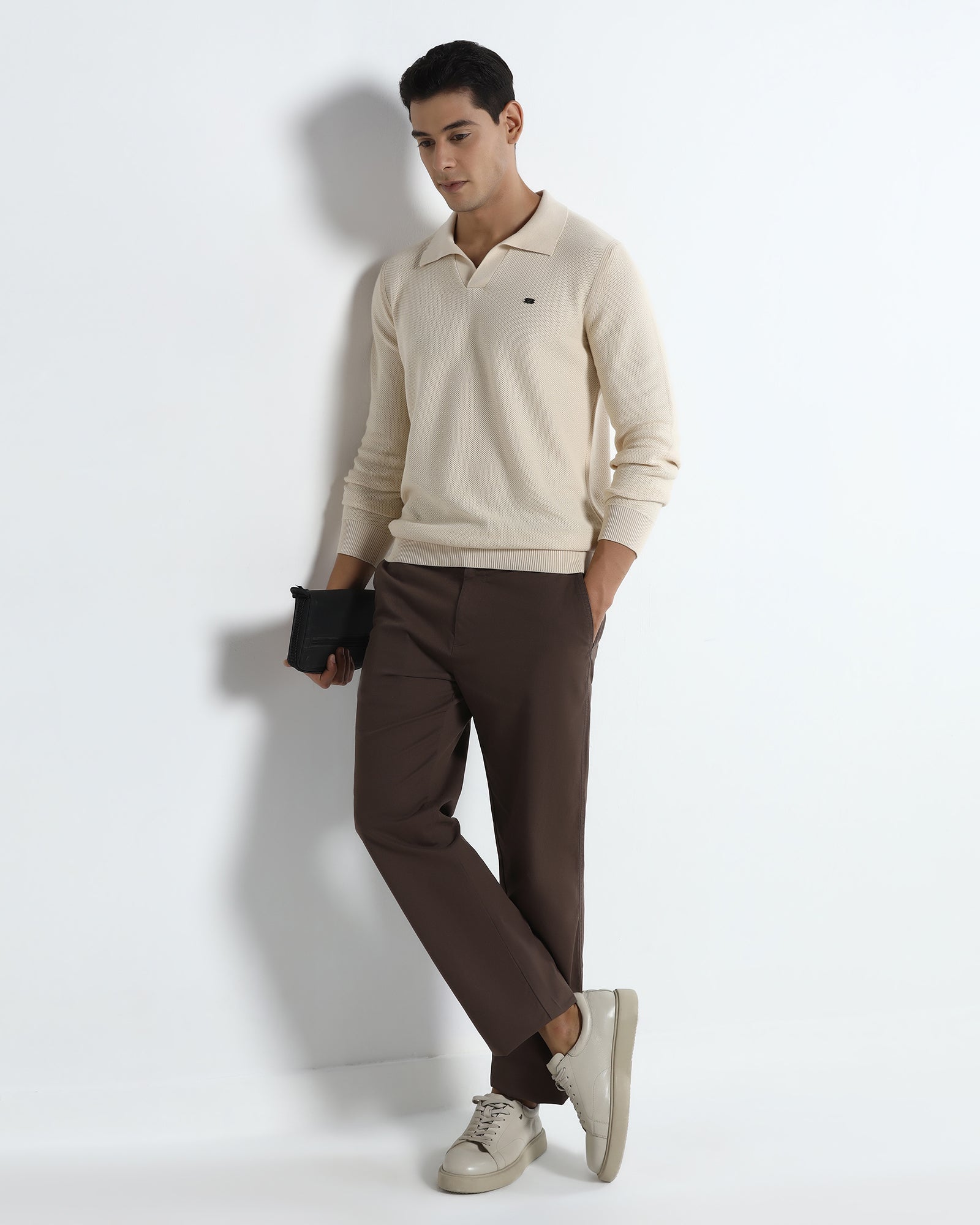 Beige Polo Neck Jacquard Sweater - Draco