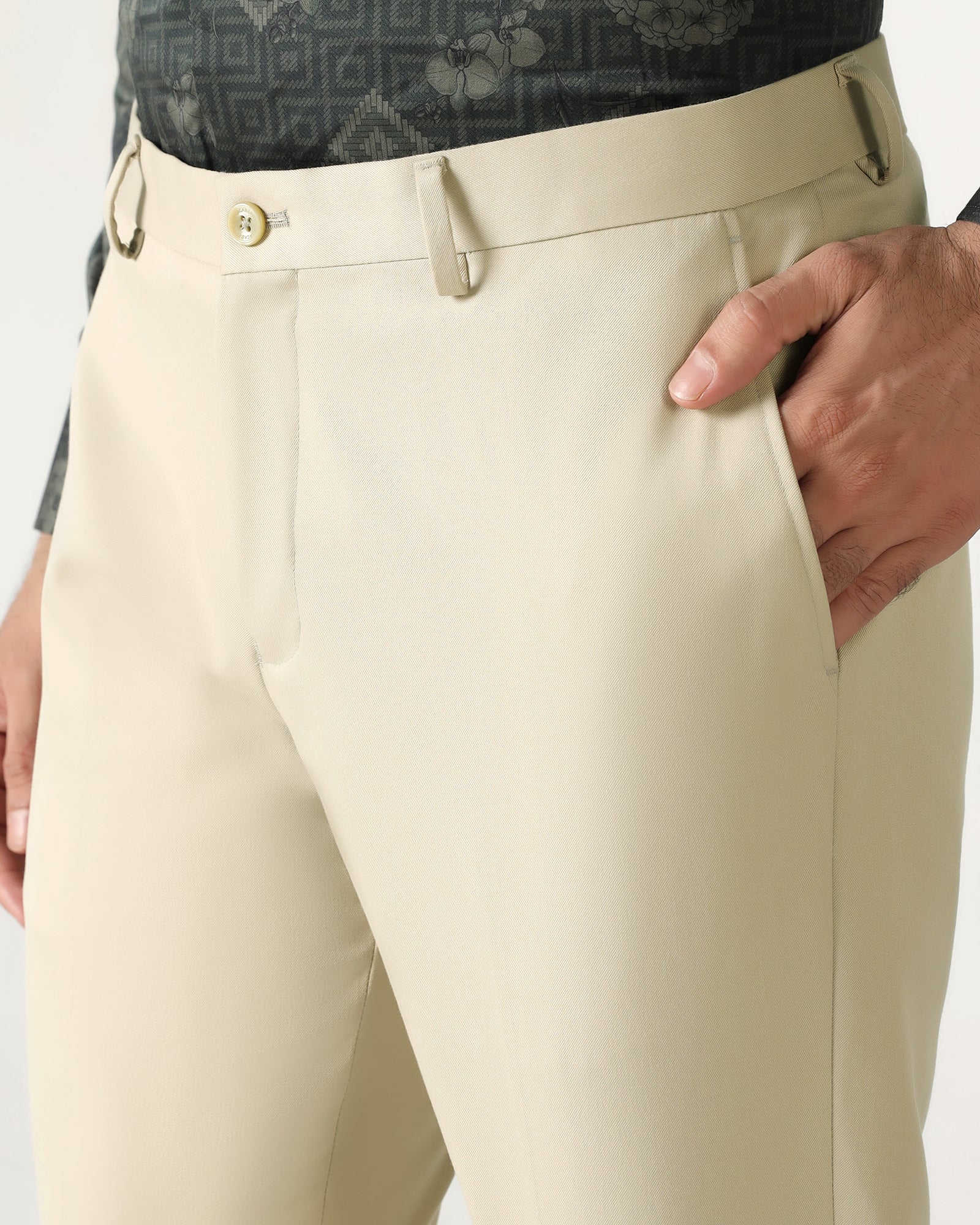 Beige Solid Trouser - Roku