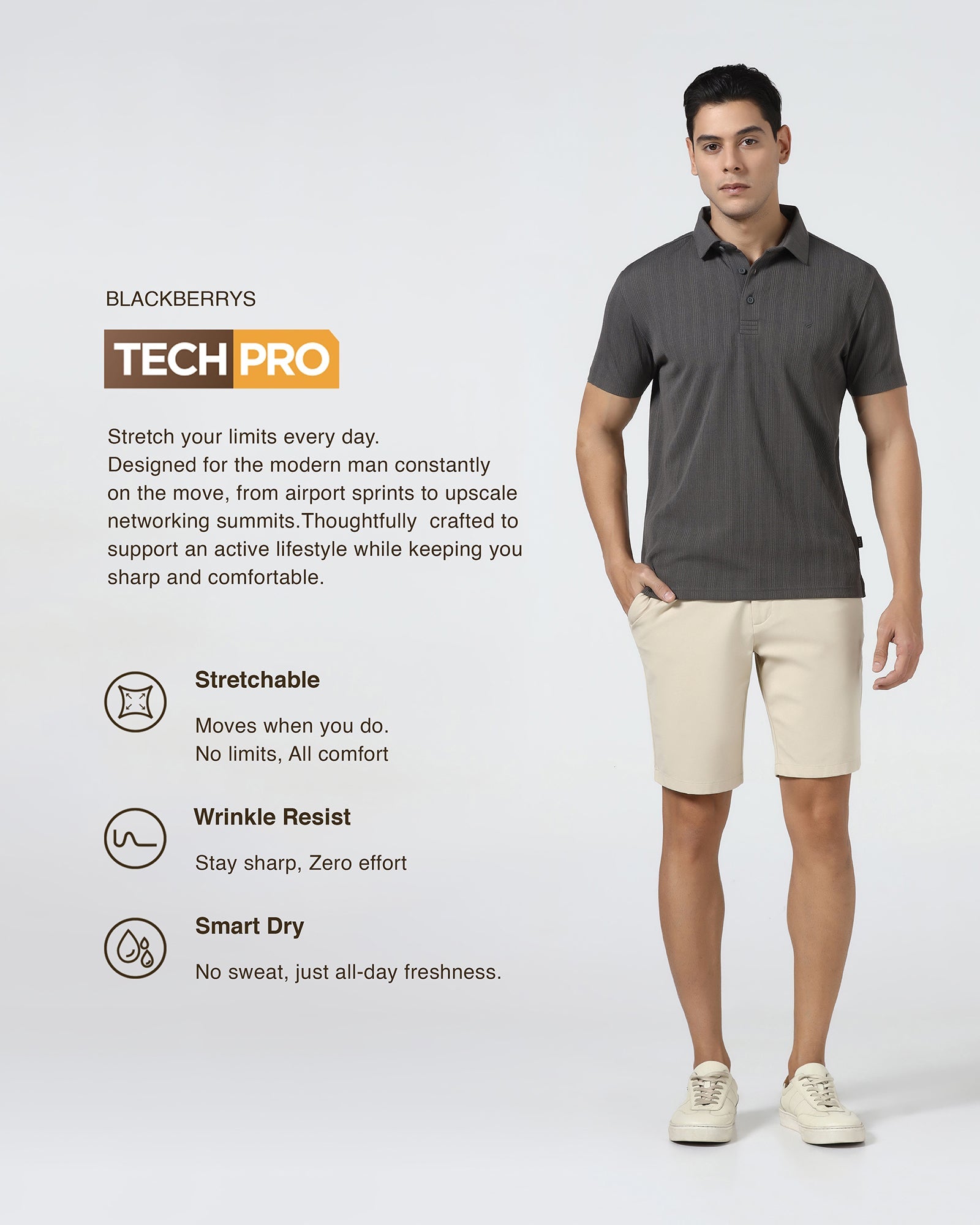 Beige TechPro Solid Shorts - Serry