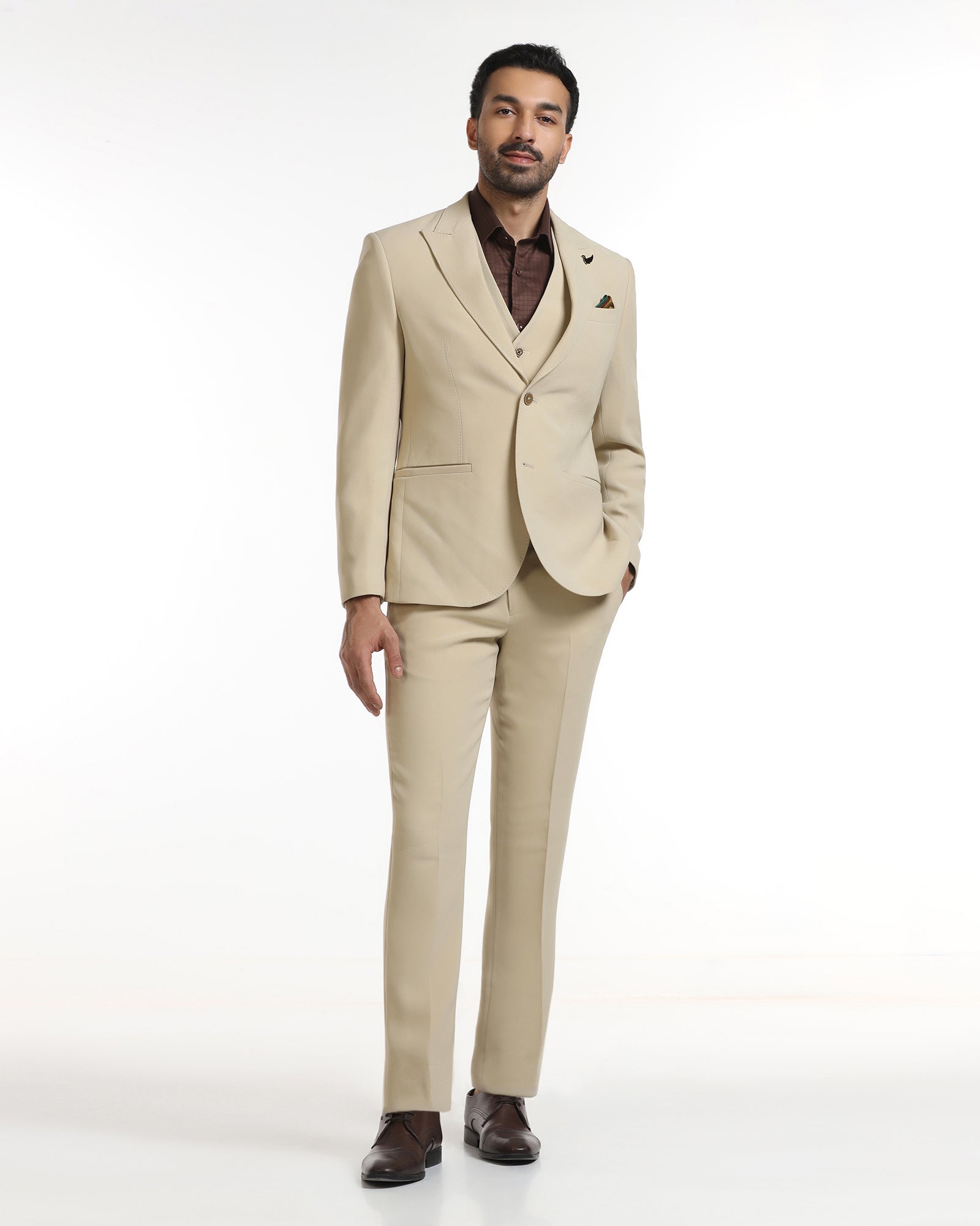 Beige Three Piece Solid Suit - Kover