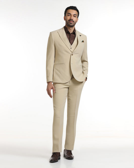 Beige Three Piece Solid Suit - Kover