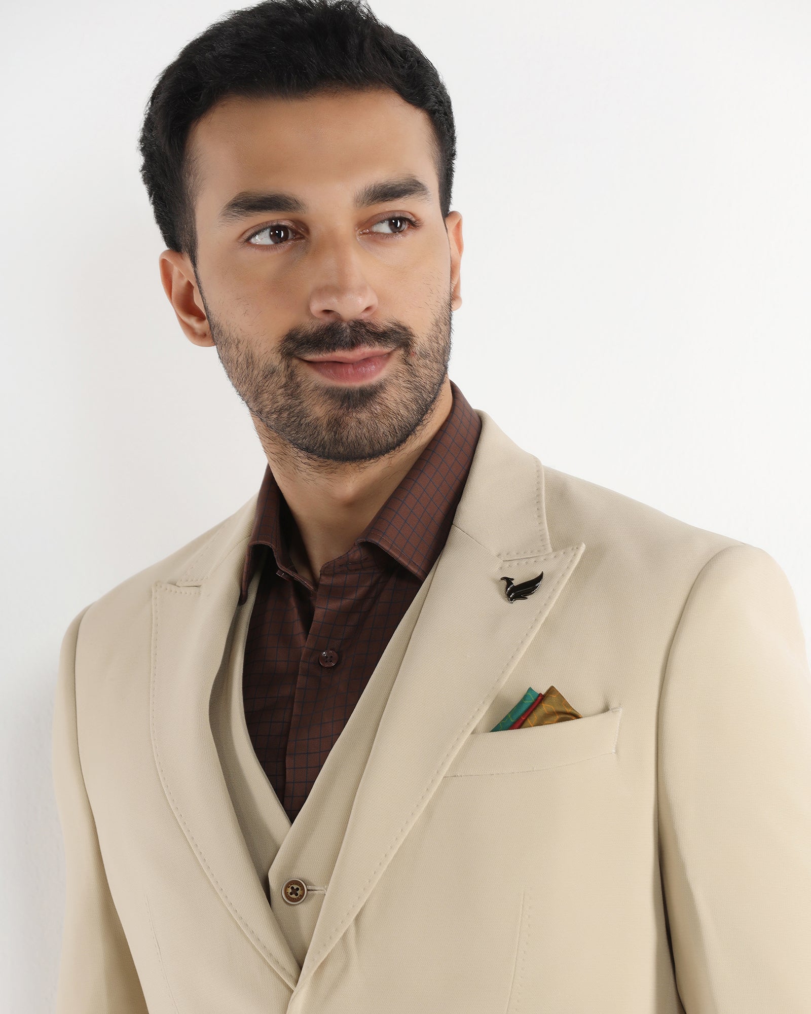Beige Three Piece Solid Suit - Kover