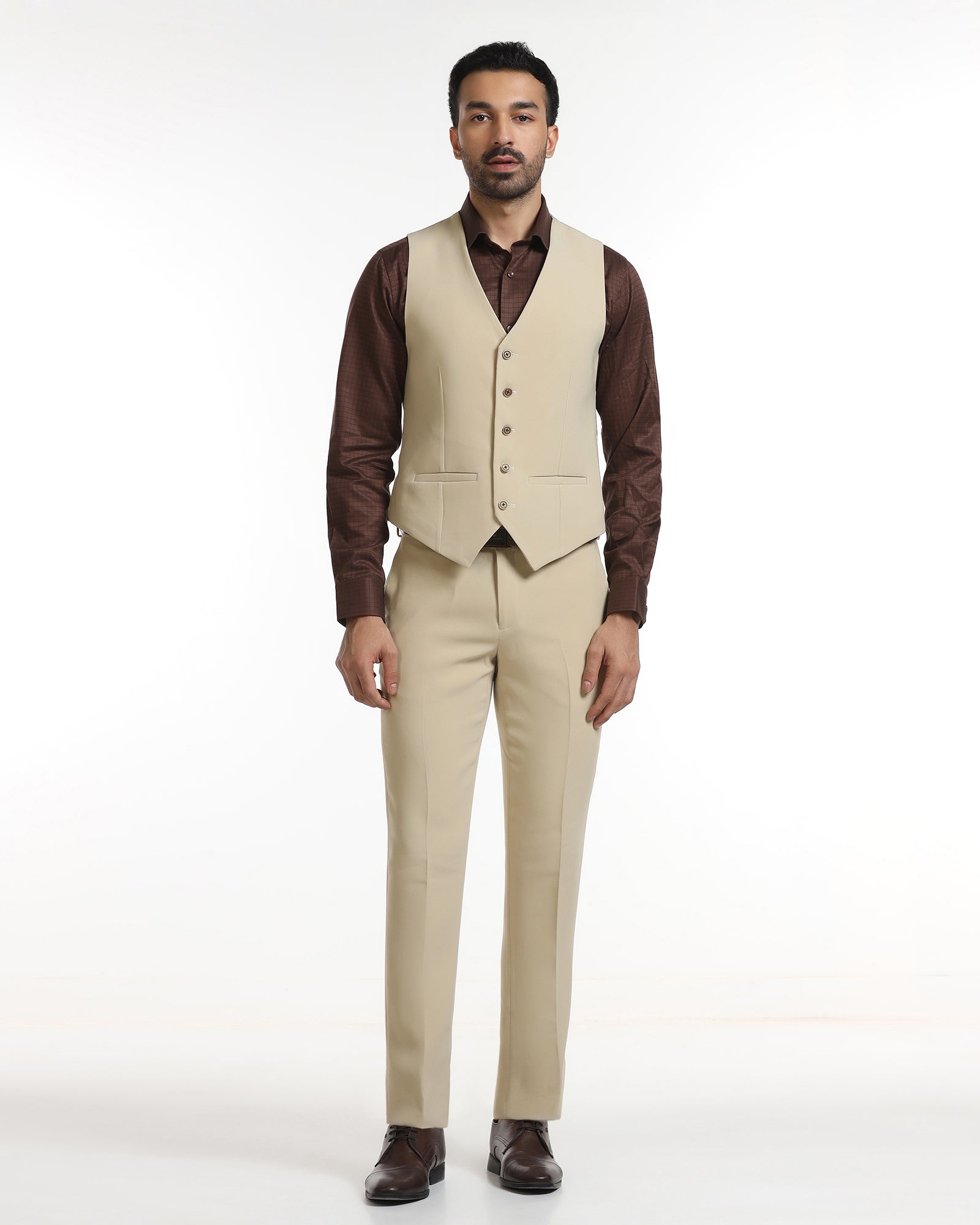 Beige Three Piece Solid Suit - Kover