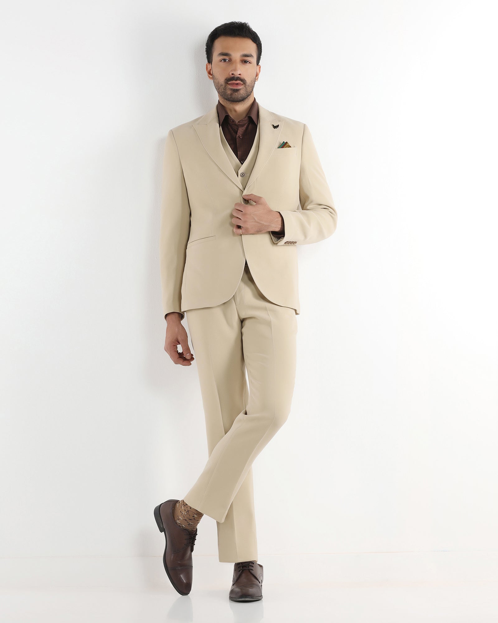 Beige Three Piece Solid Suit - Kover