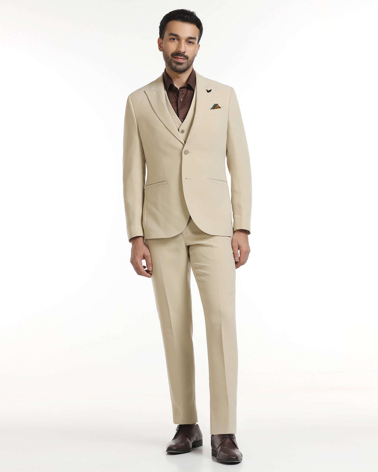 Beige Three Piece Solid Suit - Kover