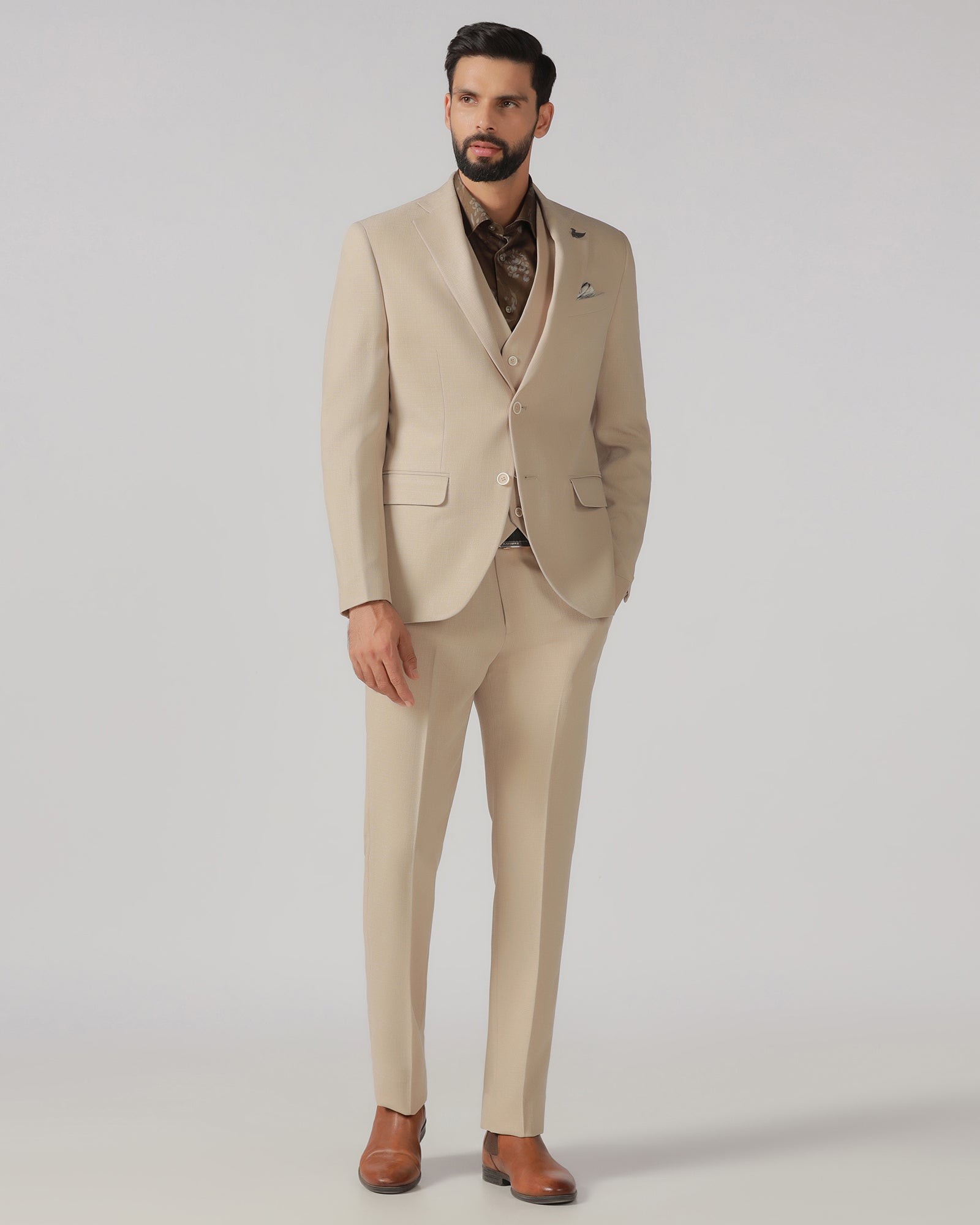 Beige Three Piece Textured Suit - Rotex
