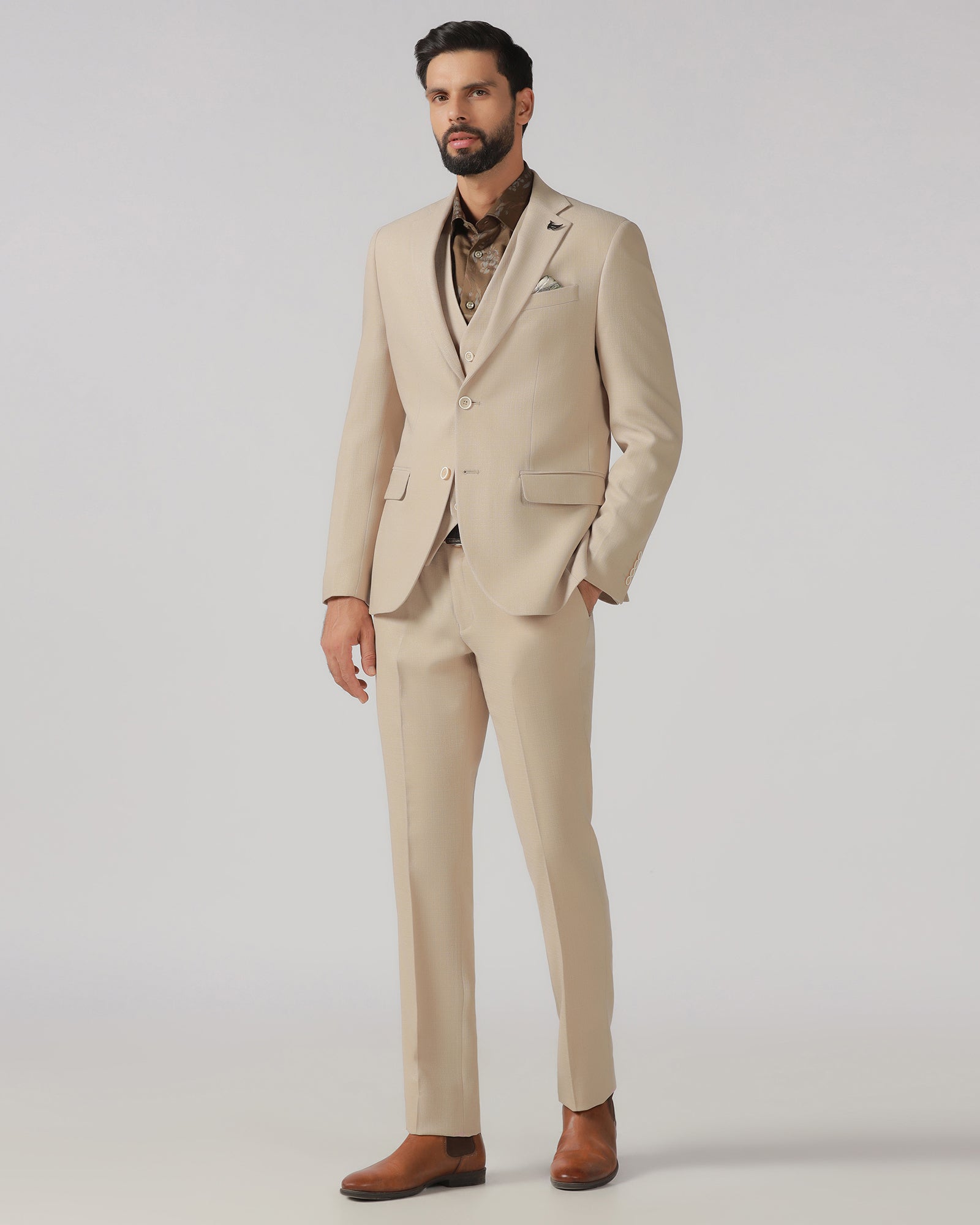 Beige Three Piece Textured Suit - Rotex