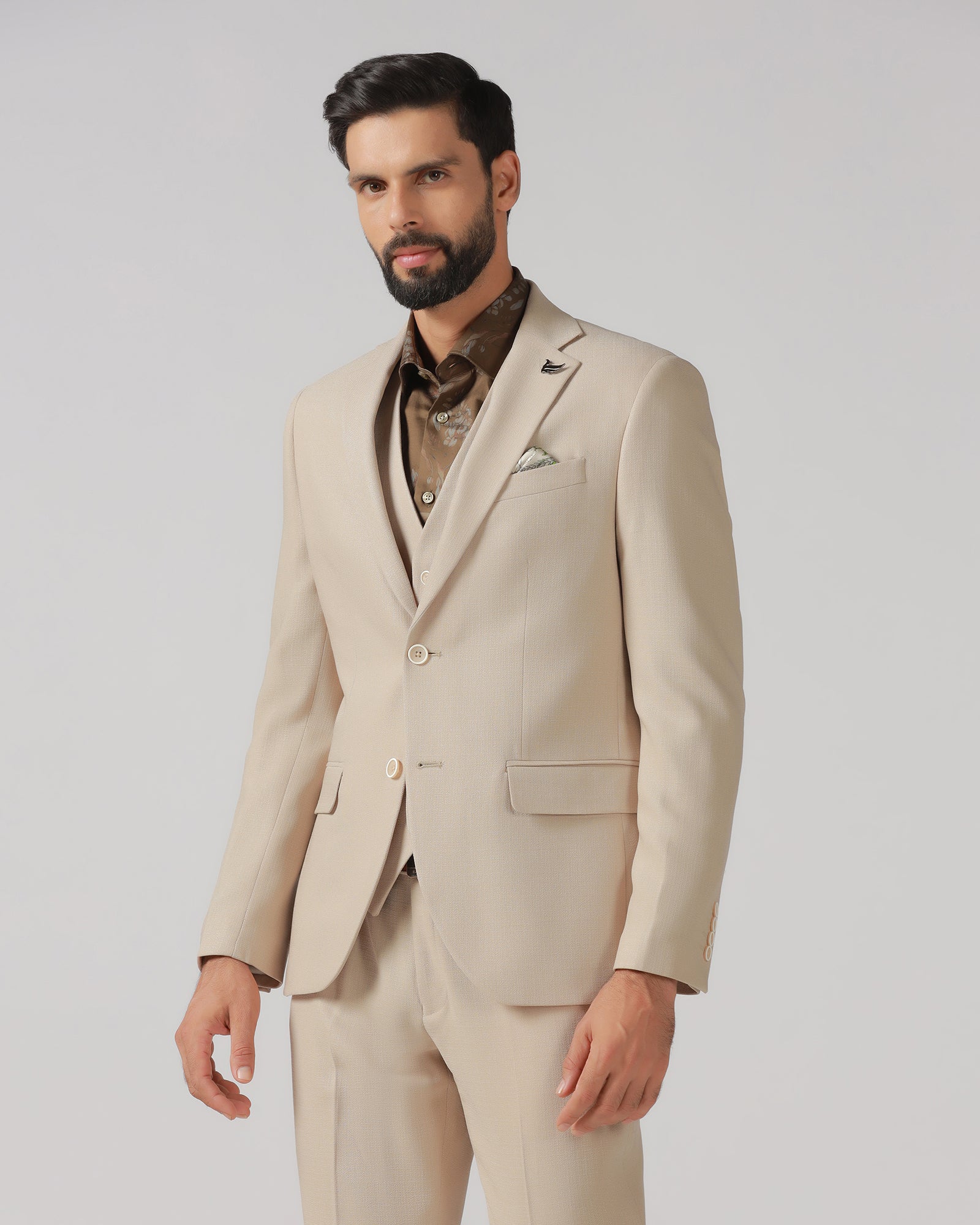 Beige Three Piece Textured Suit - Rotex