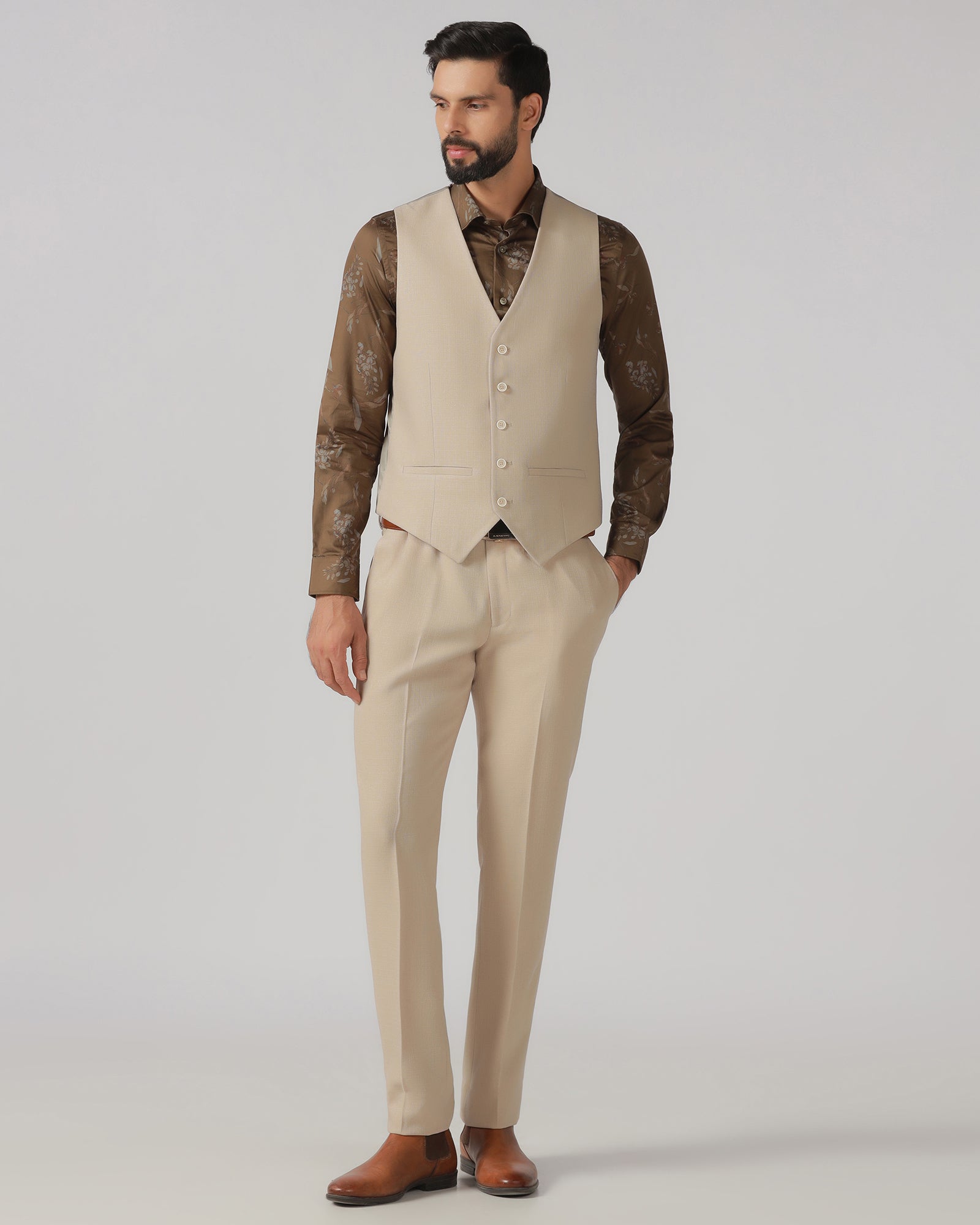 Beige Three Piece Textured Suit - Rotex