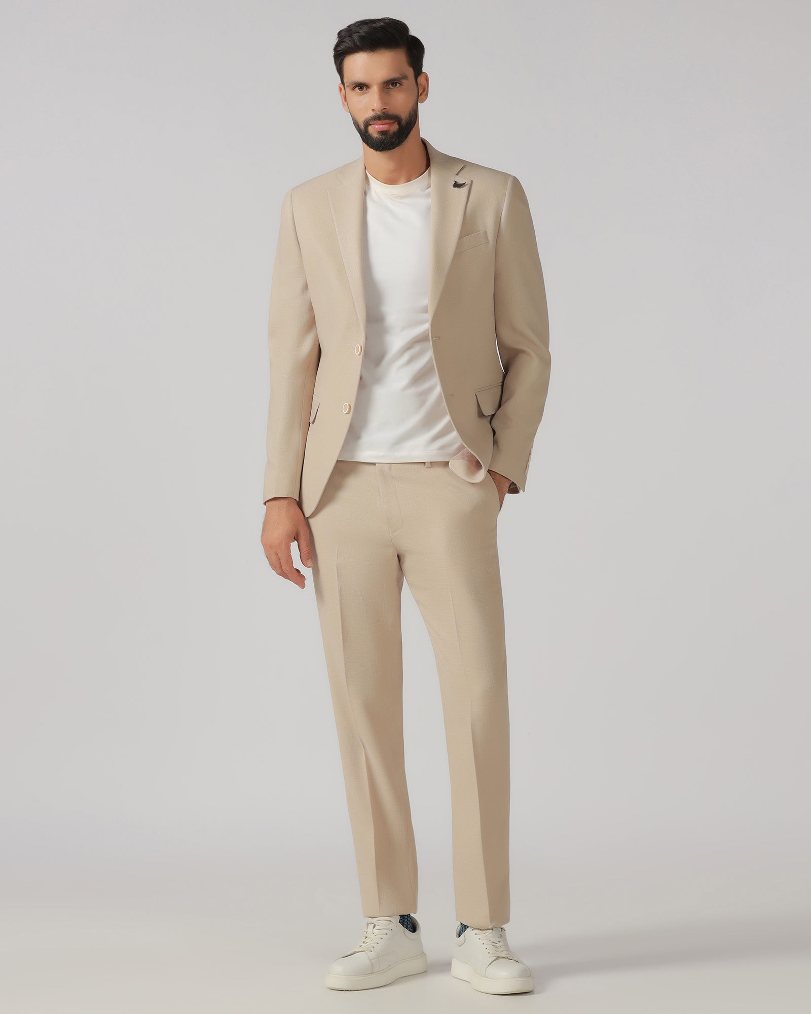 Beige Three Piece Textured Suit - Rotex