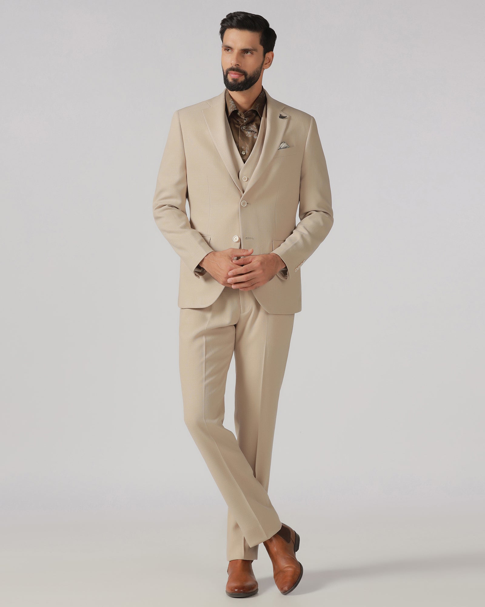 Beige Three Piece Textured Suit - Rotex