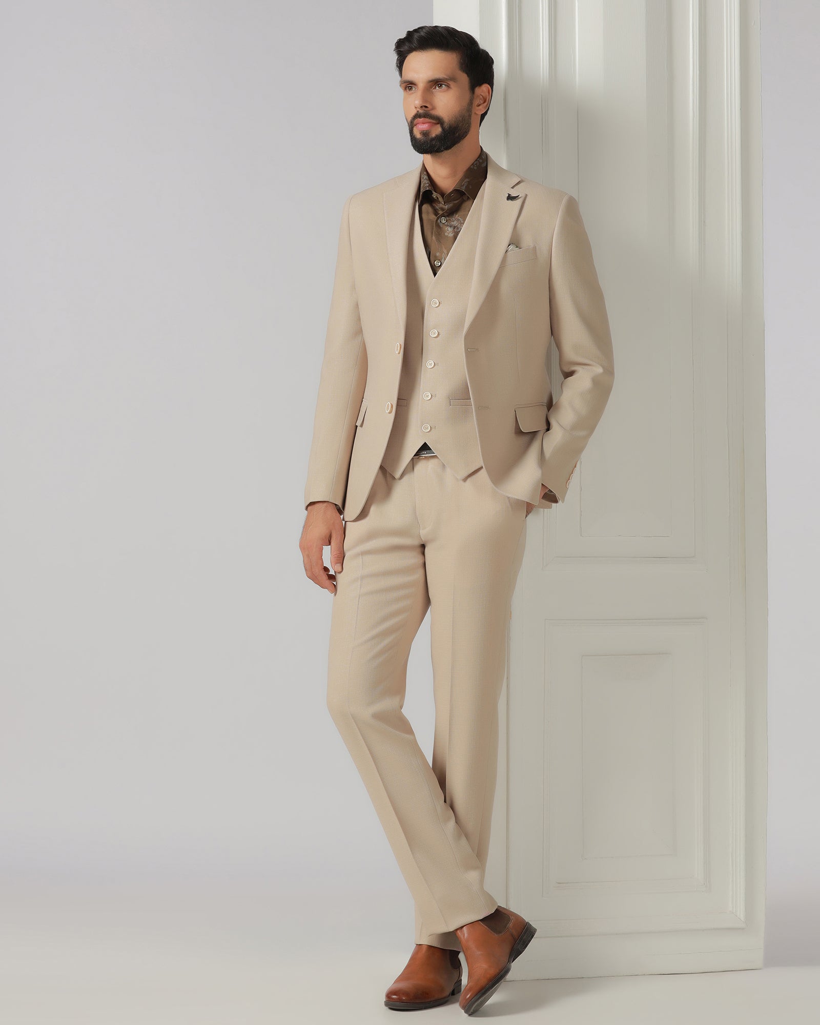 Beige Three Piece Textured Suit - Rotex