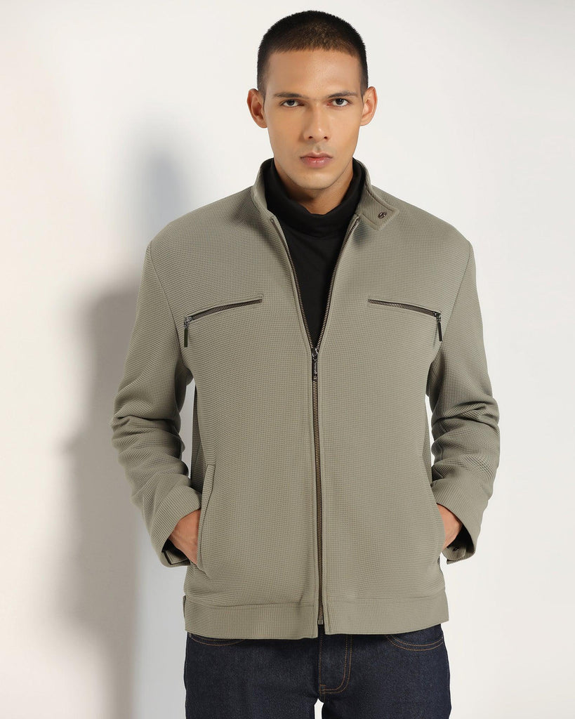 Biker Green Textured Zipper Jacket - Safari