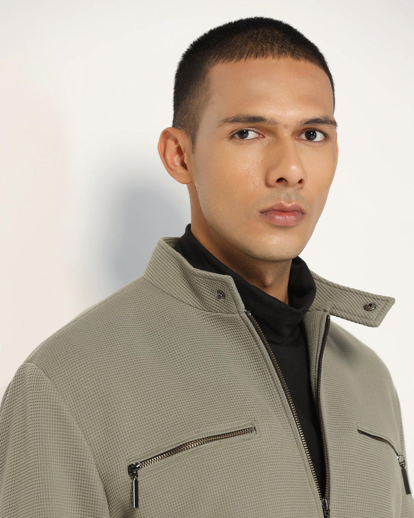 Biker Green Textured Zipper Jacket - Safari