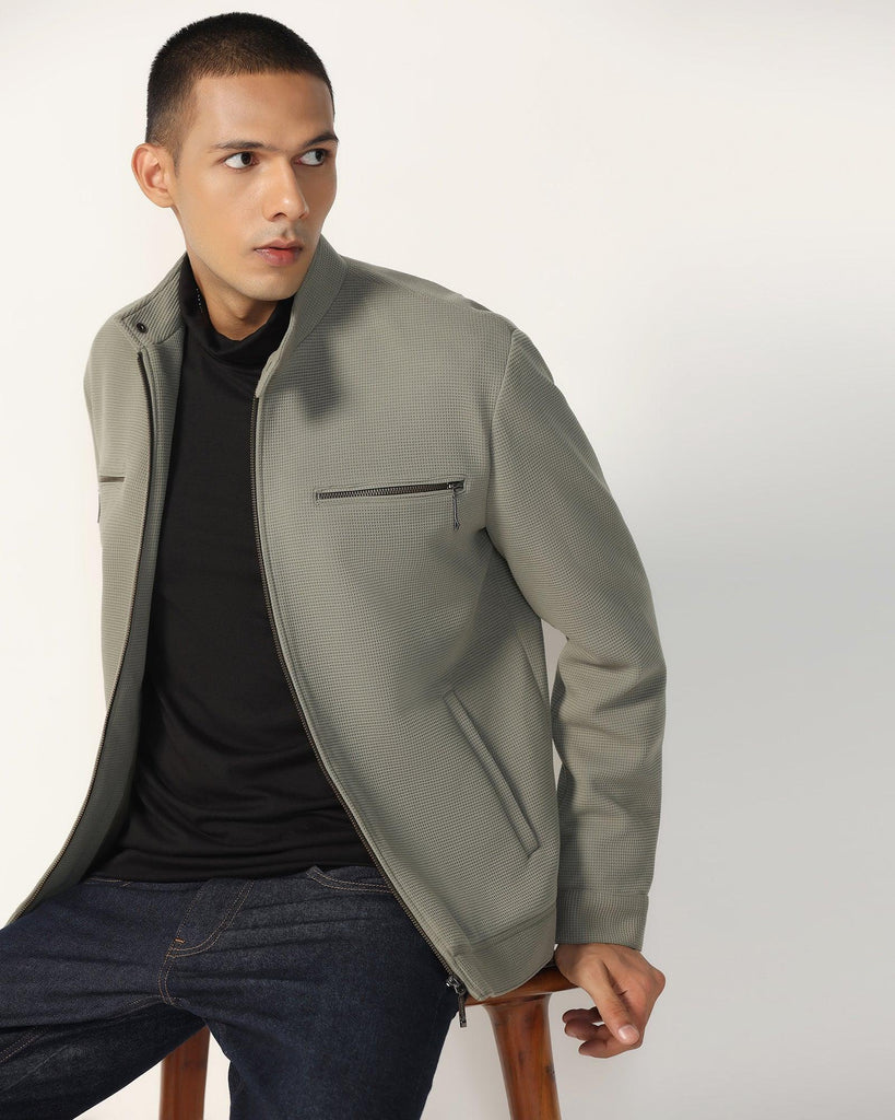 Biker Green Textured Zipper Jacket - Safari