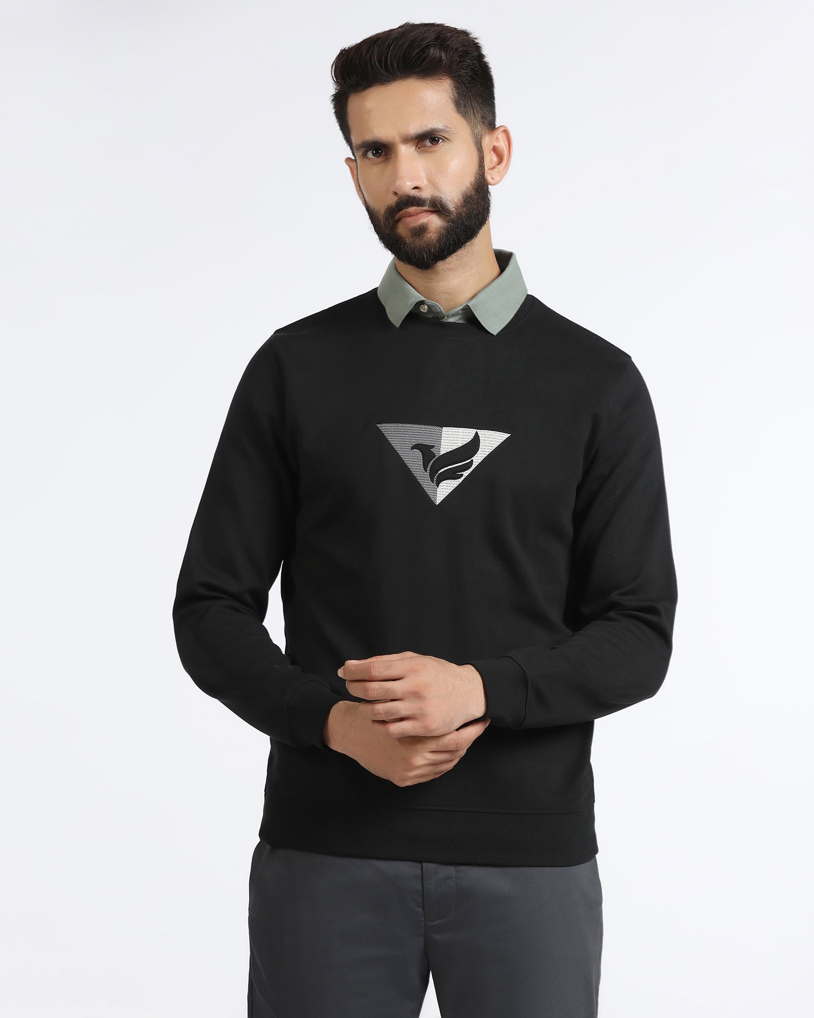 Black Crew Neck Solid Sweatshirt - Bling