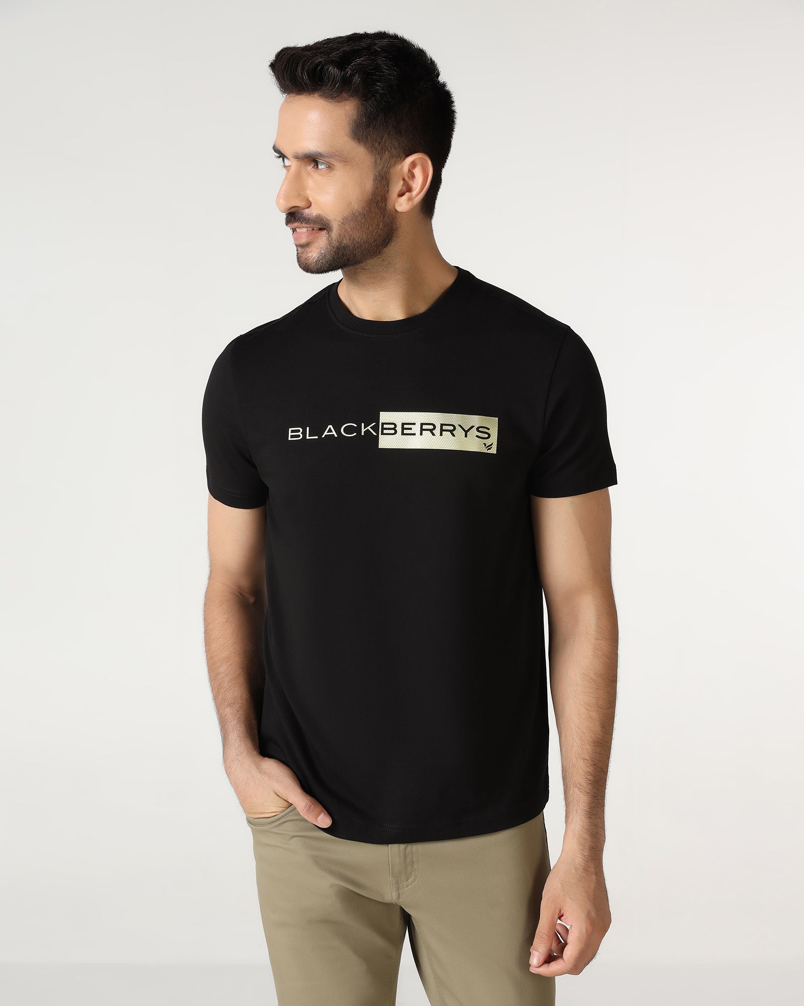 Black Crew Neck Solid T-Shirt Ram